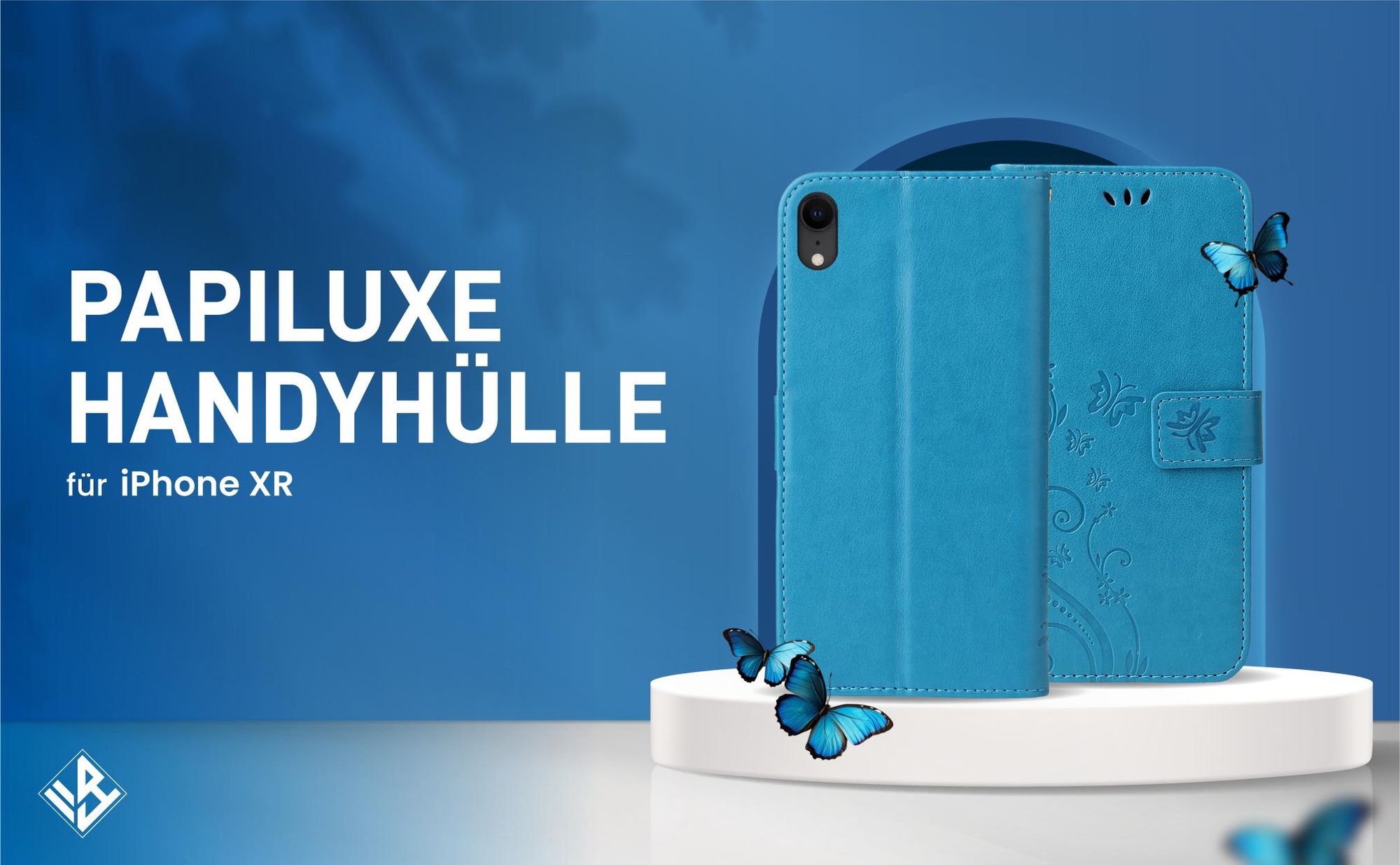 Blaue Klapphülle im Schmetterling Design für Apple iPhone XR mit Wallet-Funktion