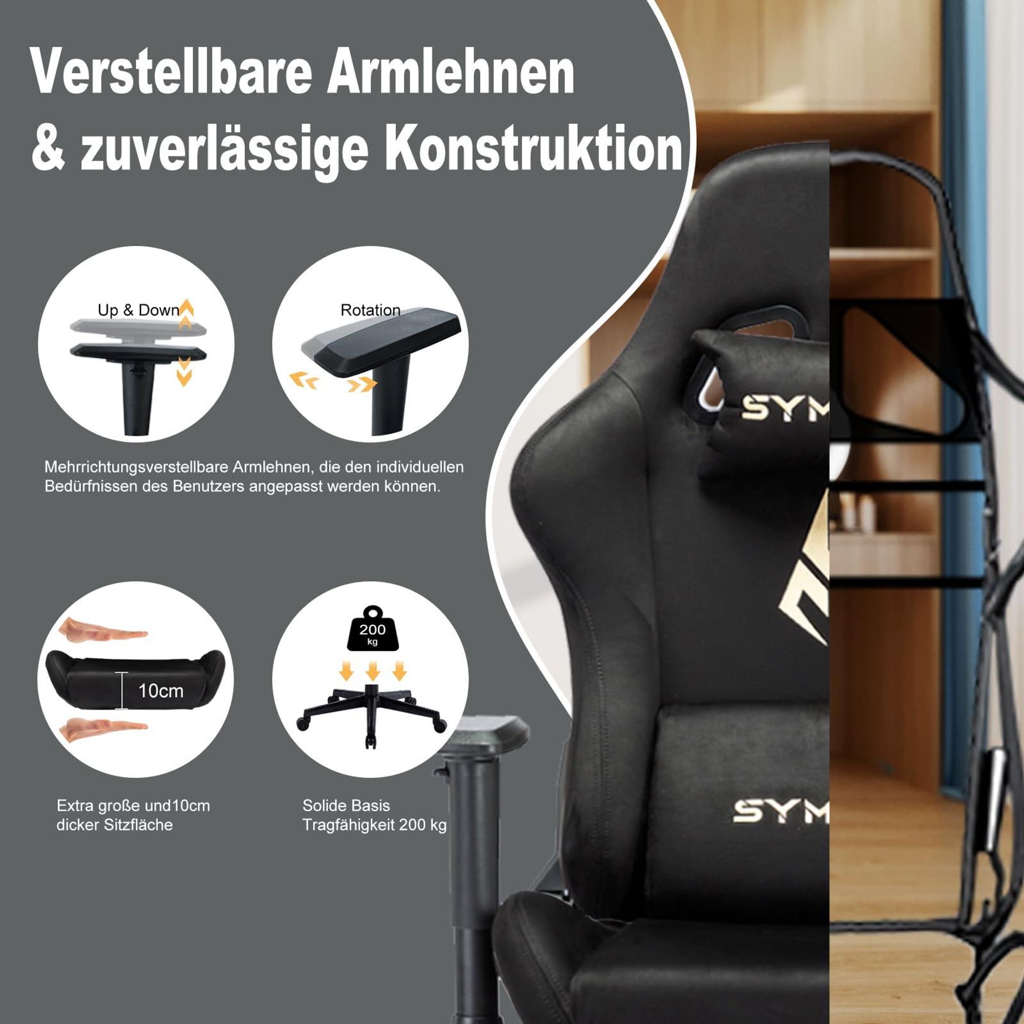 Gaming-Stuhl mit verstellbaren Armlehnen und Stabilitätsangaben