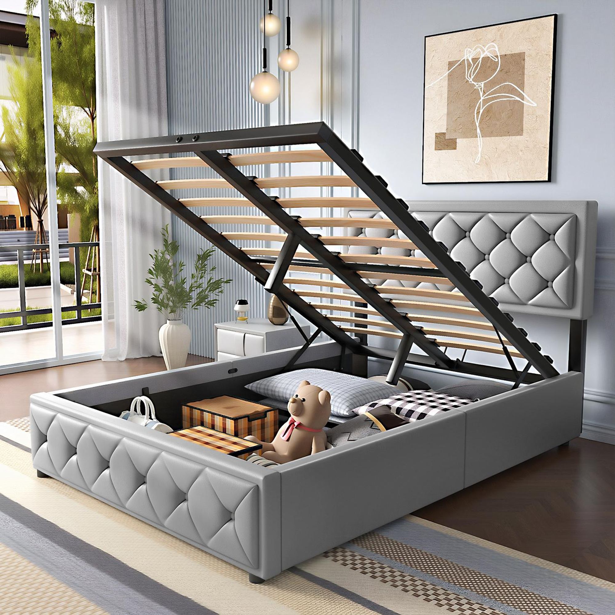 OYAJIA  Polsterbett Doppelbett 140x200cm mit Kopfteil und Hydraulischem Stauraum,Doppelbett mit Kopfteil und Lattenrost, Leder