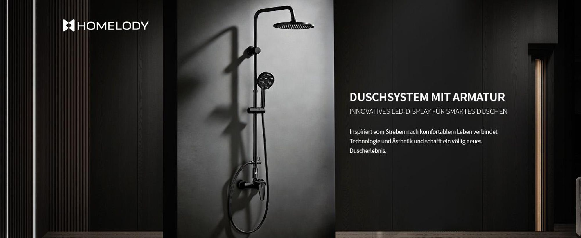 Homelody Duschsystem mit armatur, duscharmatur komplettset mit LED-Anzeige, regendusche mit 250MM kopfbrause und Handbrause, Schwarz