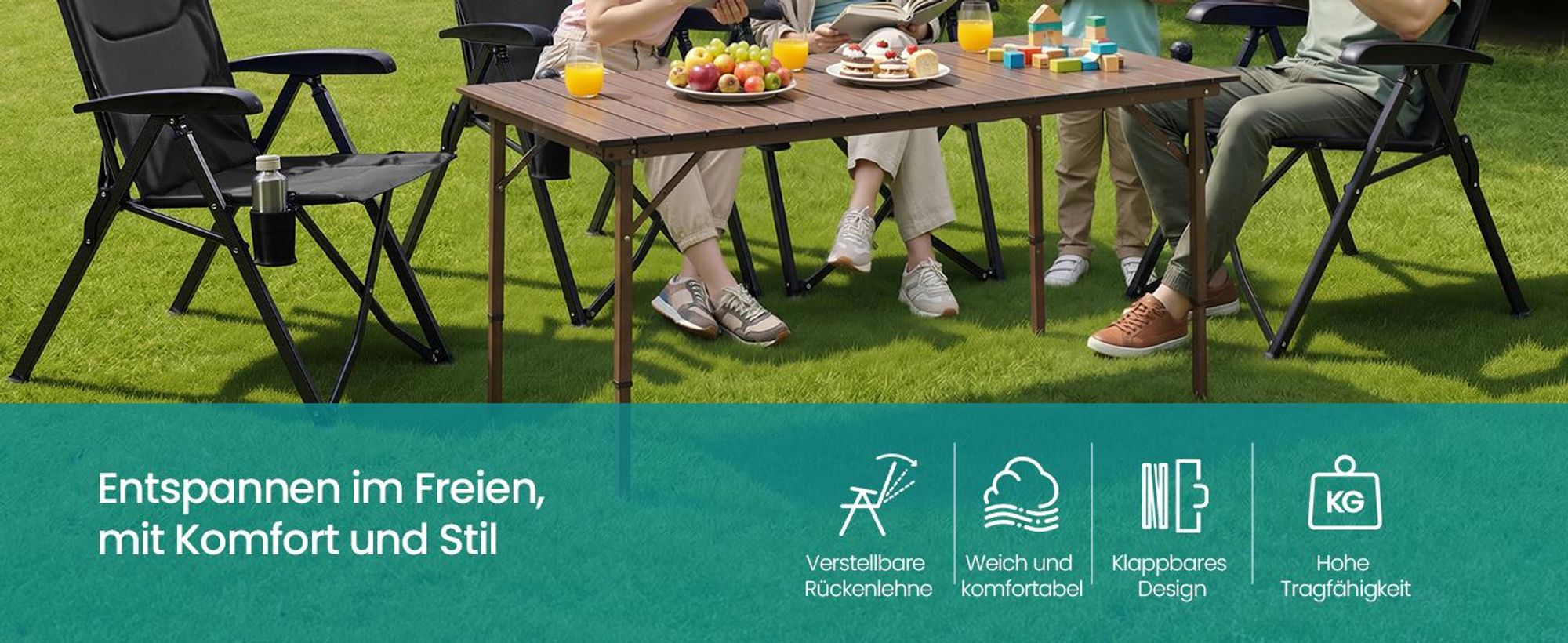 SONGMICS Campingstuhl faltbar, 2er Set, 95°-150° verstellbare Rückenlehne, Klappstuhl, drehbarer Getränkehalter, Tragetasche, Schultergurt
