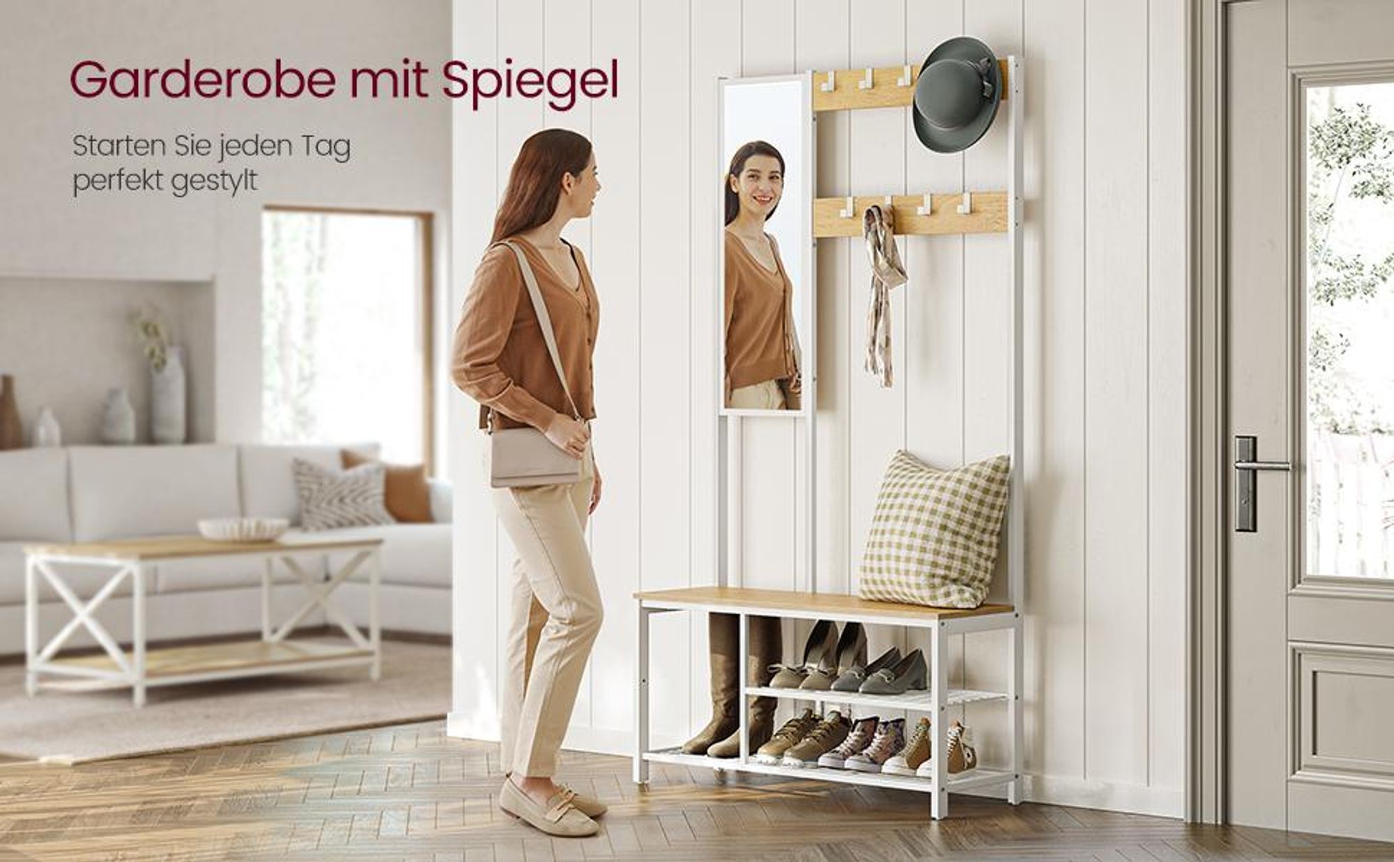 VASAGLE Garderobenständer mit Spiegel, Haken, Kleiderständer mit Sitzfläche, 050