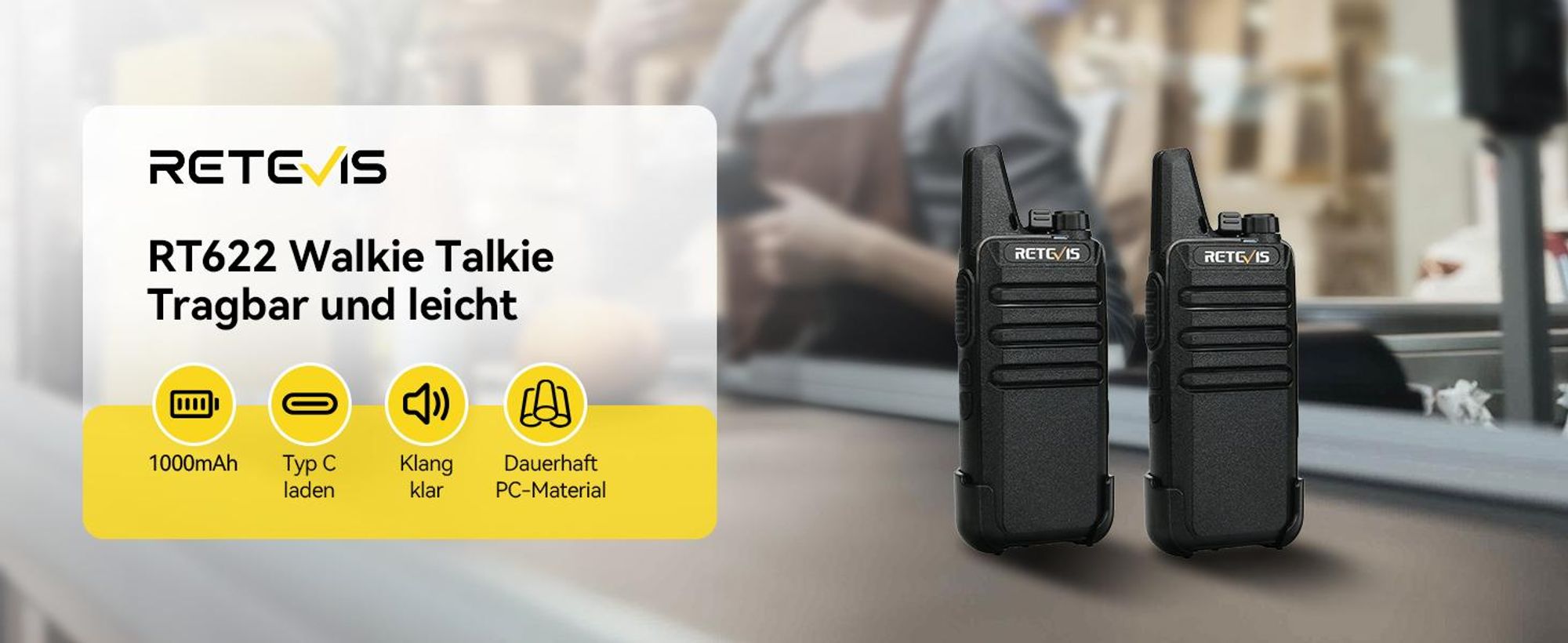 Retevis RT622 Walkie Talkie, 4er Mini Funkgeräte, PMR446 Lizenzfrei 16 CH, VOX Squelch Scan CTCSS/DCS, Funkgerät mit USB-Ladekabel, für Schule, Reisebüro, Supermarkt, Weingut