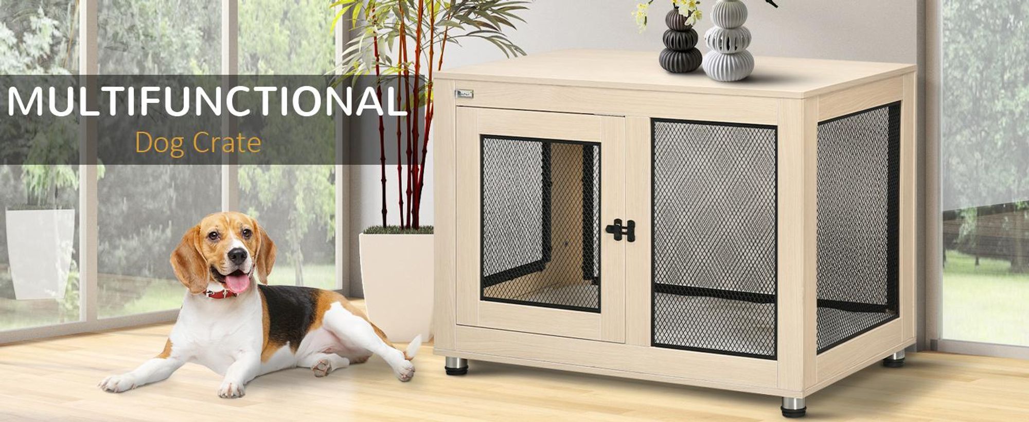 Klatka dla psa PawHut z 2 drzwiami, zmywalna poduszka, nowoczesna stalowa klatka dla psa do użytku w domu, buda dla dużych psów do 30 kg, 94 x 60 x 71,5 cm, dąb