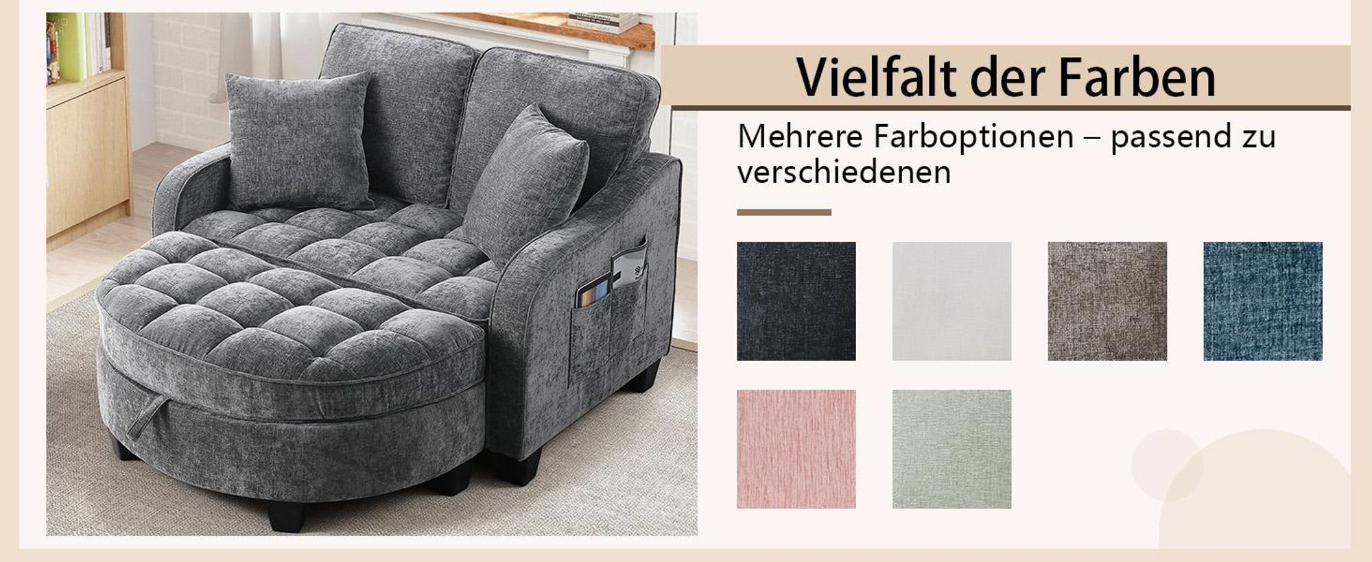 MODFU Multifunktionales Sofa Schlafsofa mit Aufbewahrungs-Hocker,Relaxsofa mit rutschfeste Kunststoffbeine,Dunkelgrau