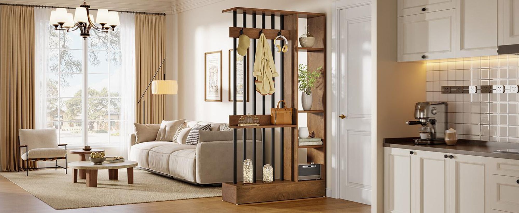 Tribesigns Raumteiler, Wand Raumteiler aus Holz mit Ablagen und Kleiderhaken, 180 cm hoch, moderne Trennwand für Zuhause und Büro, braun