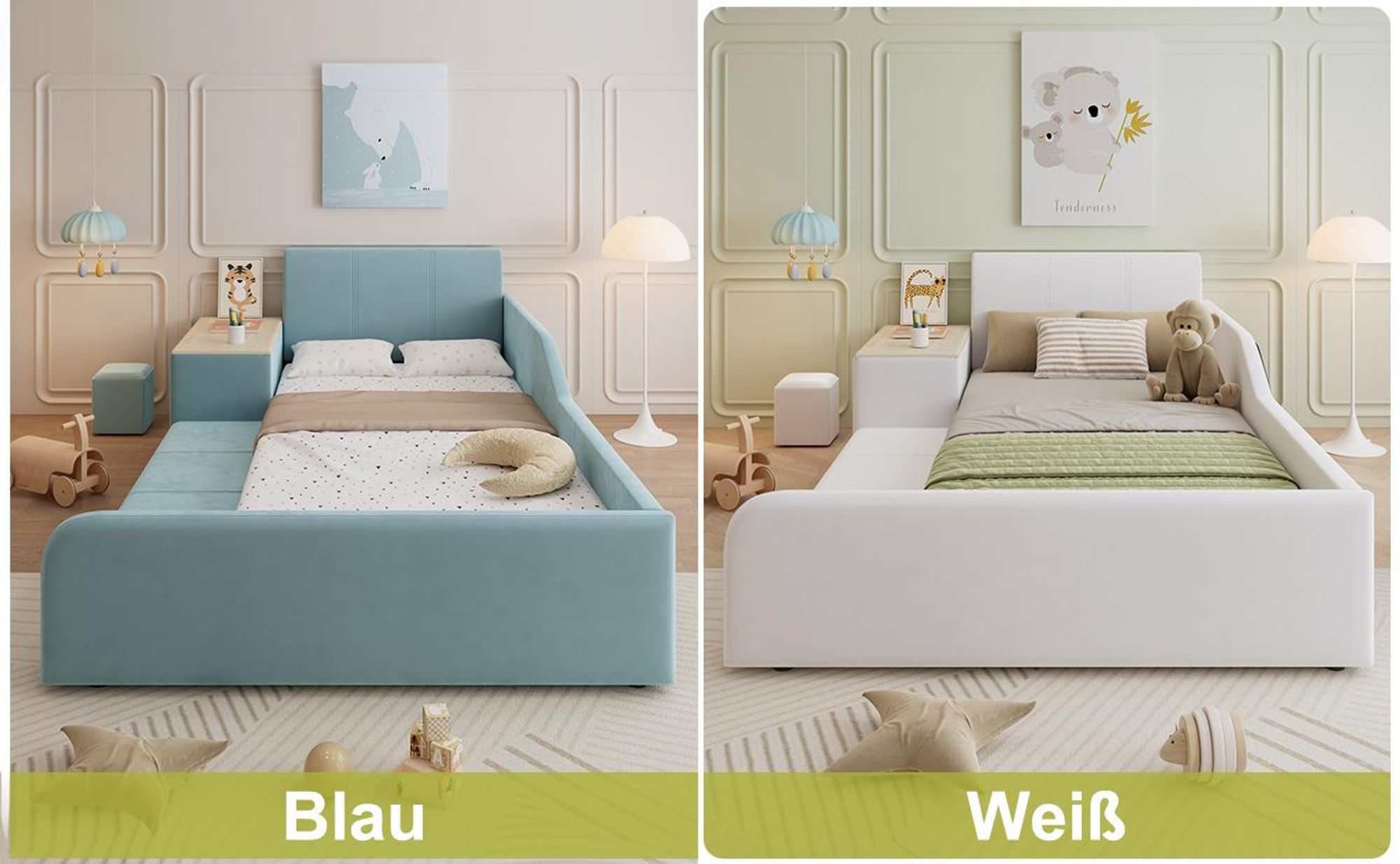MODFU Kinder-Polsterbett 90x200 Einzelbett mit Lernschreibtisch,Jugendbett mit Hocker und Ablageboden,Kinderbett Bettgestell mit Holzlattenrost und weichem Kopfteil,ohne Matratze,Weiß