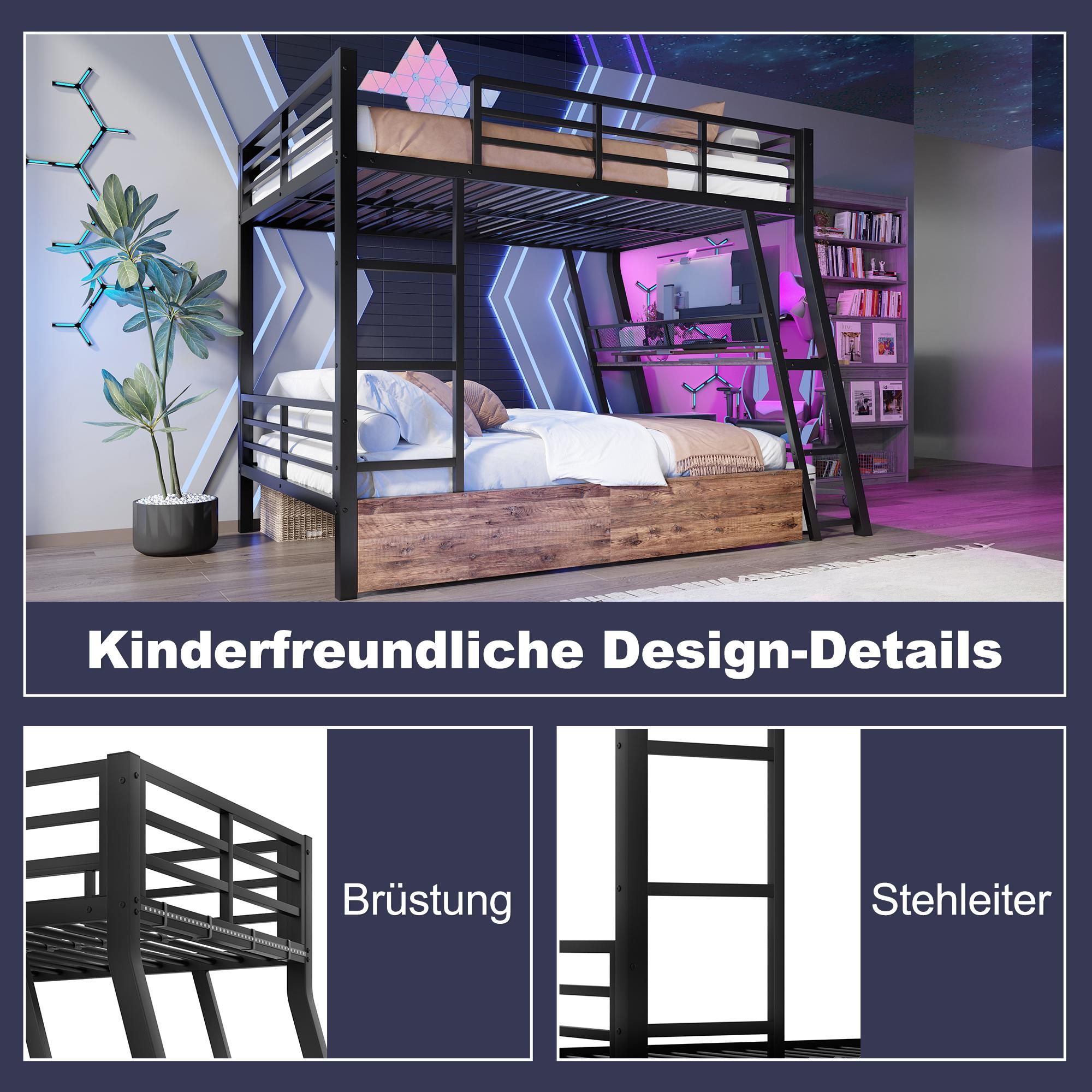 Merax Etagenbett Hochbett 140x200 cm, Kinderbett mit Schreibtisch, LED, 2 Schubladen, Geländer & Treppe, Stockbett Eisenbett, Schwarz