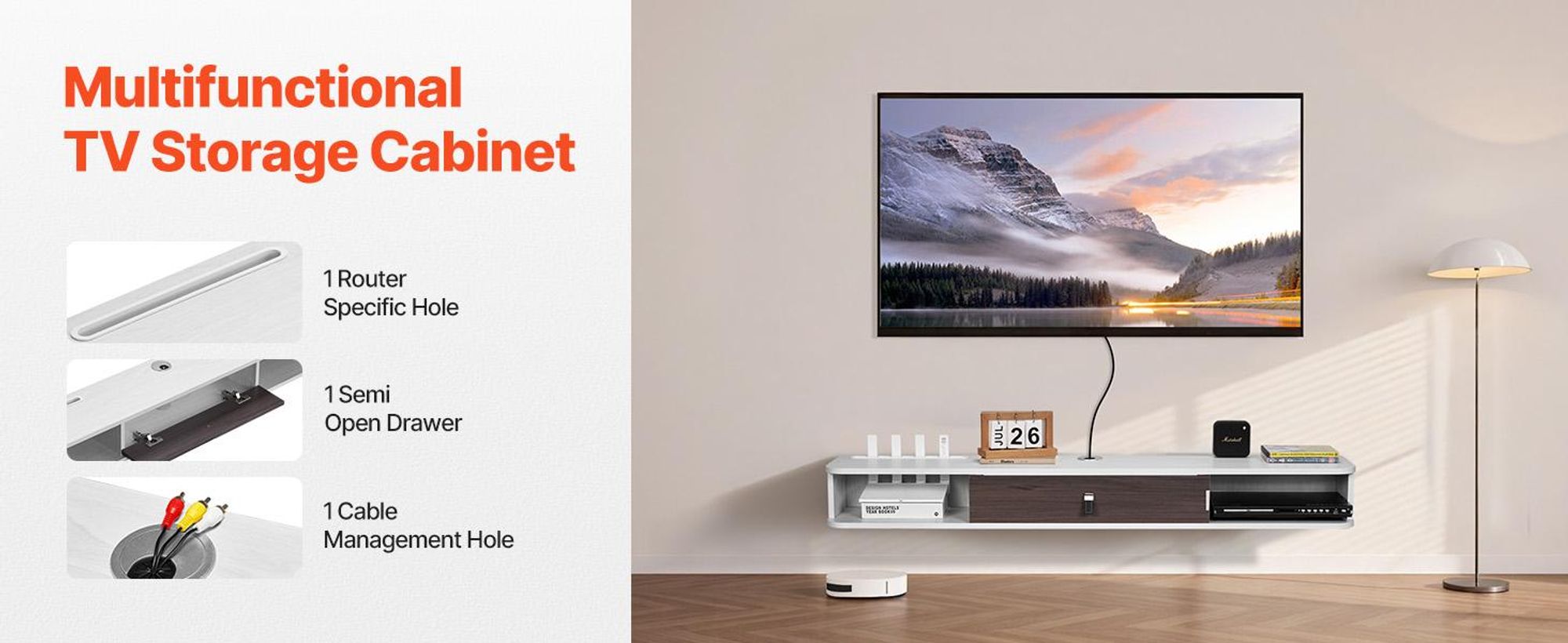 VEVOR TV-Schrank Wandhalterung, Schwebender Fernsehständer mit Stauraum für DVD-Player, Kabelbox, Spielekonsole, Wandschrank belastbar 52 kg, Weiß, Länge 140 cm