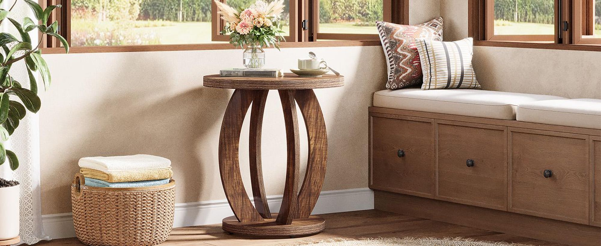 Tribesigns Runder Beistelltisch, Nachttisch fürs Schlafzimmer, Couchtisch im Landhausstil mit Holzgestell, Sofatisch aus Holz fürs Schlafzimmer