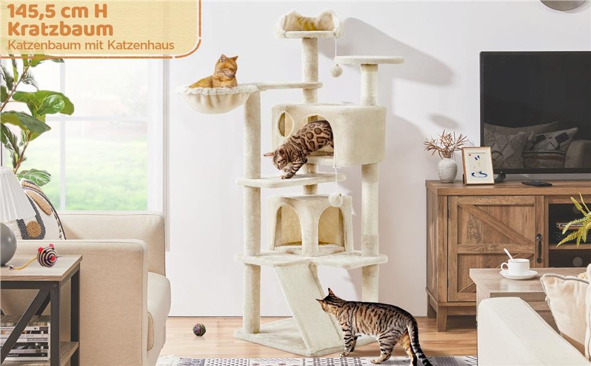 Yaheetech Kratzbaum 146 cm Katzenbaum mit 2 Katzenhöhlen & 3 Aussichtsplattformen, Beige
