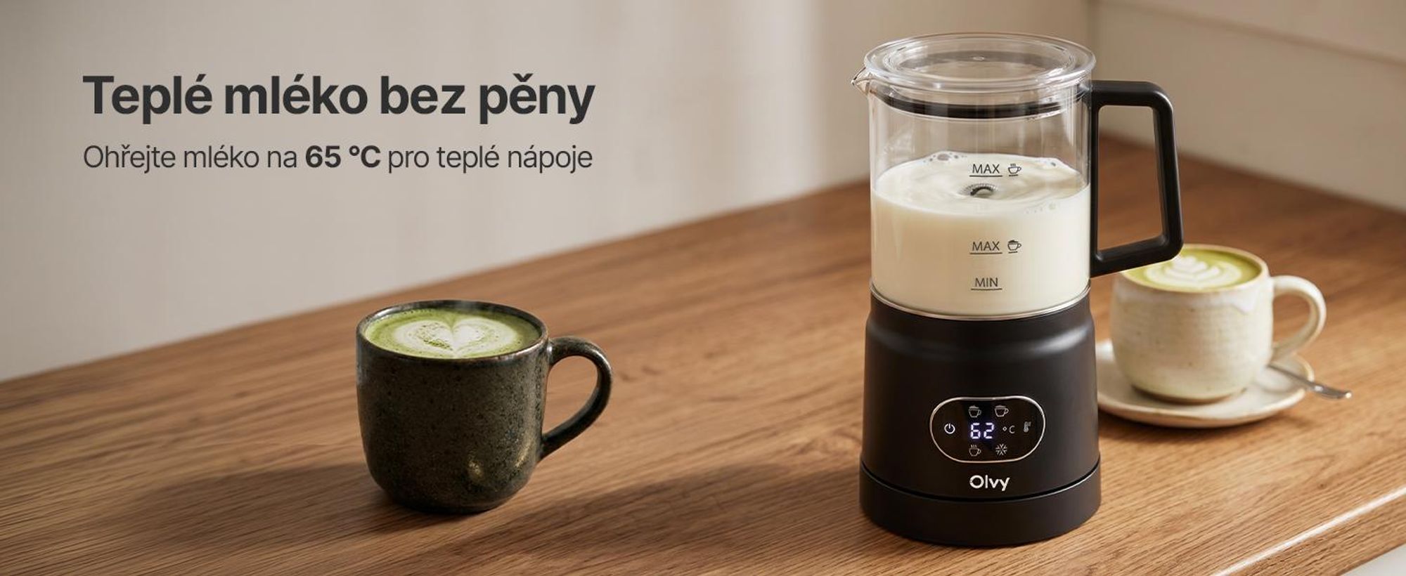 Elektrický pěnový mlékař Olvy ze skla, 4 v 1, 500 W, s ukazatelem teploty, kapacita 160 ml pěny z mléka, 400 ml ohřevu mléka, možnost přípravy teplé i studené pěny, černá barva