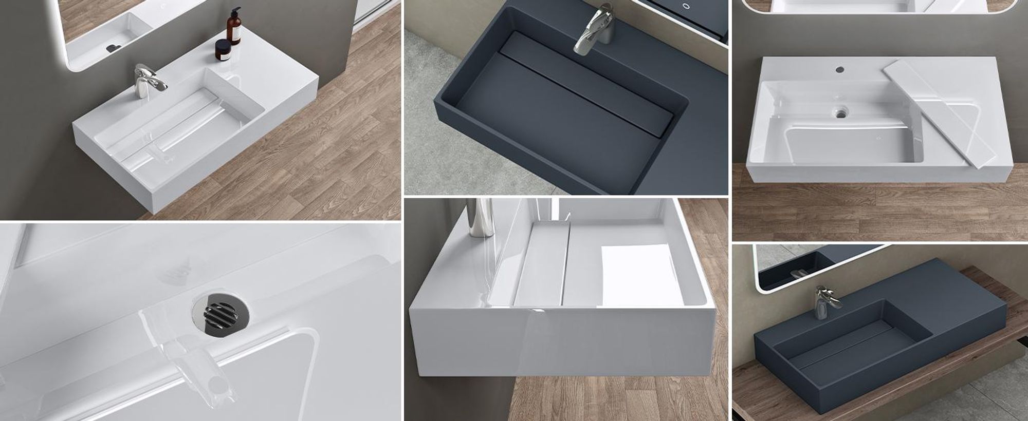 doporro Design Waschbecken 100x48x13 cm mit verstecktem Ablauf in weiß aus Mineralguss als Aufsatzwaschbecken und Hängewaschbecken geeignet col12-R