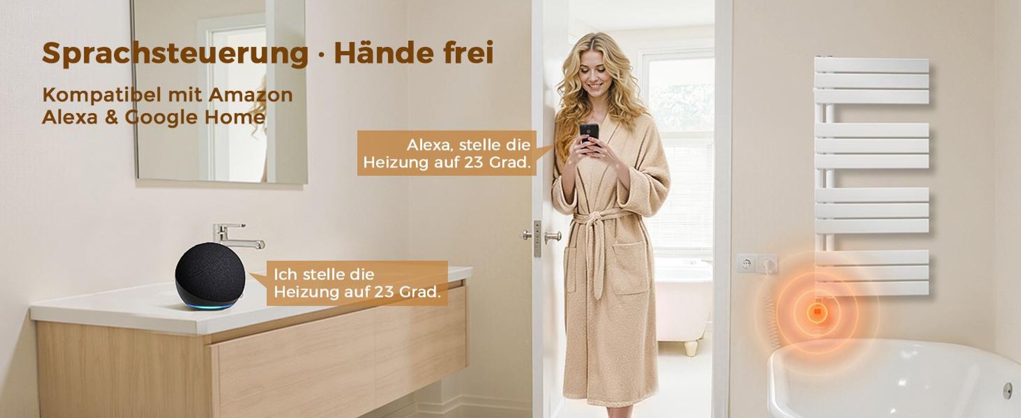 S’AFIELINA Heizstab mit Thermostat 300W, programmierbarer Timer & LCD-Anzeige, WiFi, für Badheizkörper, Edelstahl, intelligente Steuerung, Weiß