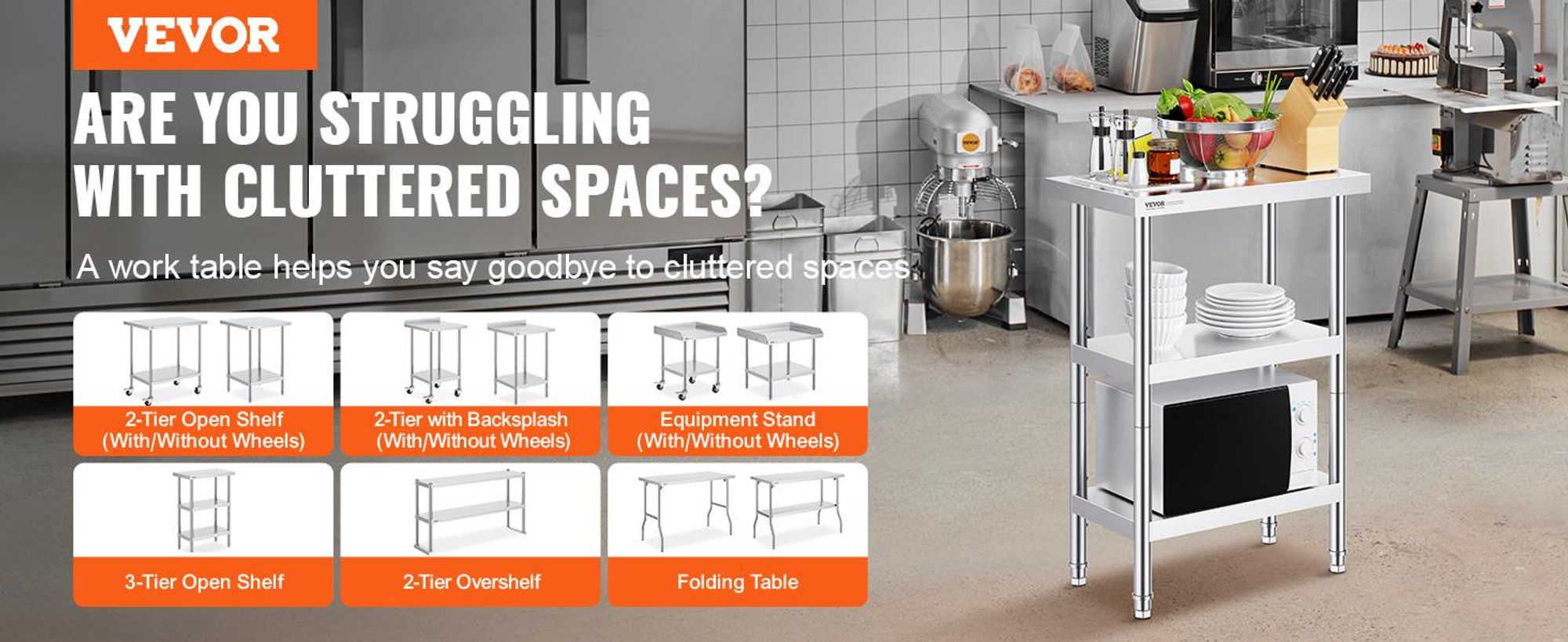VEVOR Edelstahl Vorbereitungs Tisch, 24 x 24 x 34 Zoll, Schwerlast Metall Arbeitstisch mit 3 verstellbaren Höhenstufen, Gewerbliche Arbeitsstation für Küche Garage Restaurant Garten, 356x610x864 mm