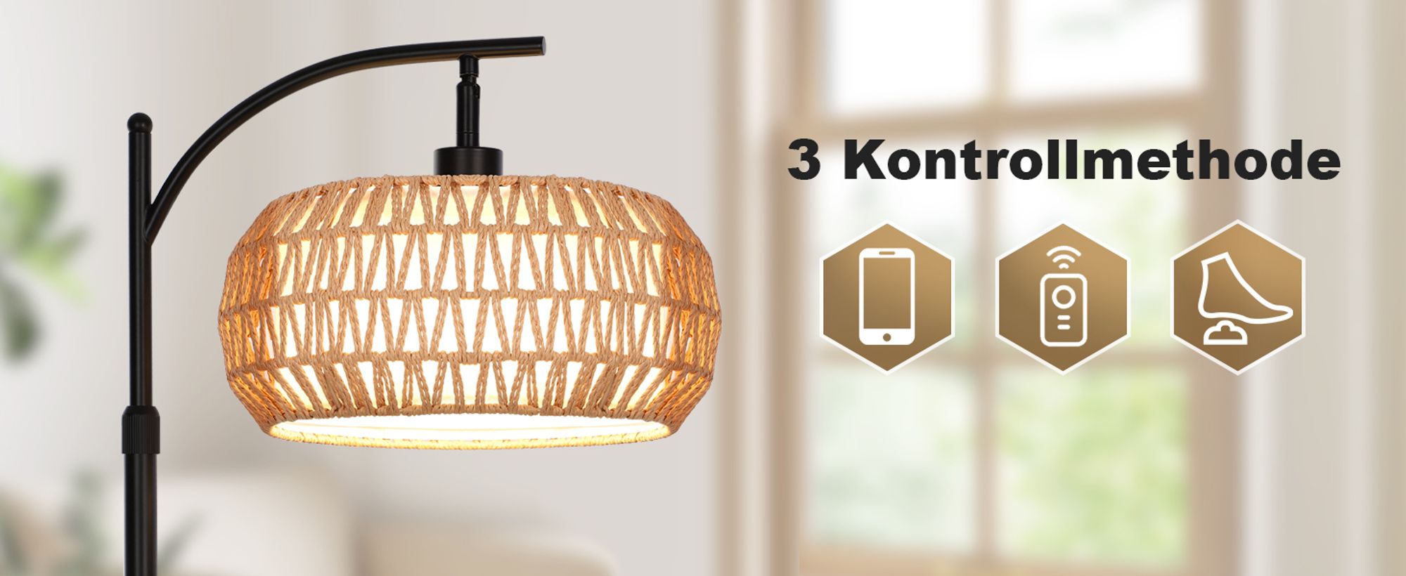 Stehlampe Wohnzimmer, Dimmbare Rattan Standleuchte mit 3 Farb,Fernbedienung und Fußschalter, App-Steuerung,12W E26 Bogenlampe,Standleuchte Leselampe