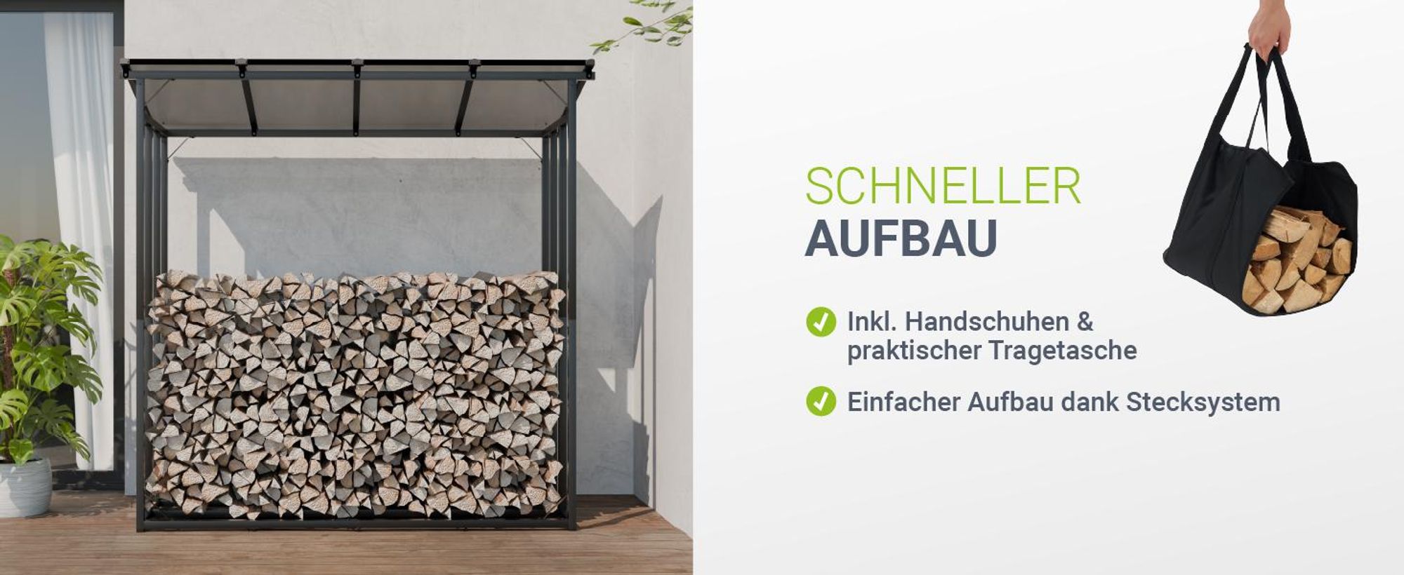 Juskys Kaminholzregal mit Dach 185x70x185 cm, 2,4 m³, wetterfest & stabil mit Zubehör