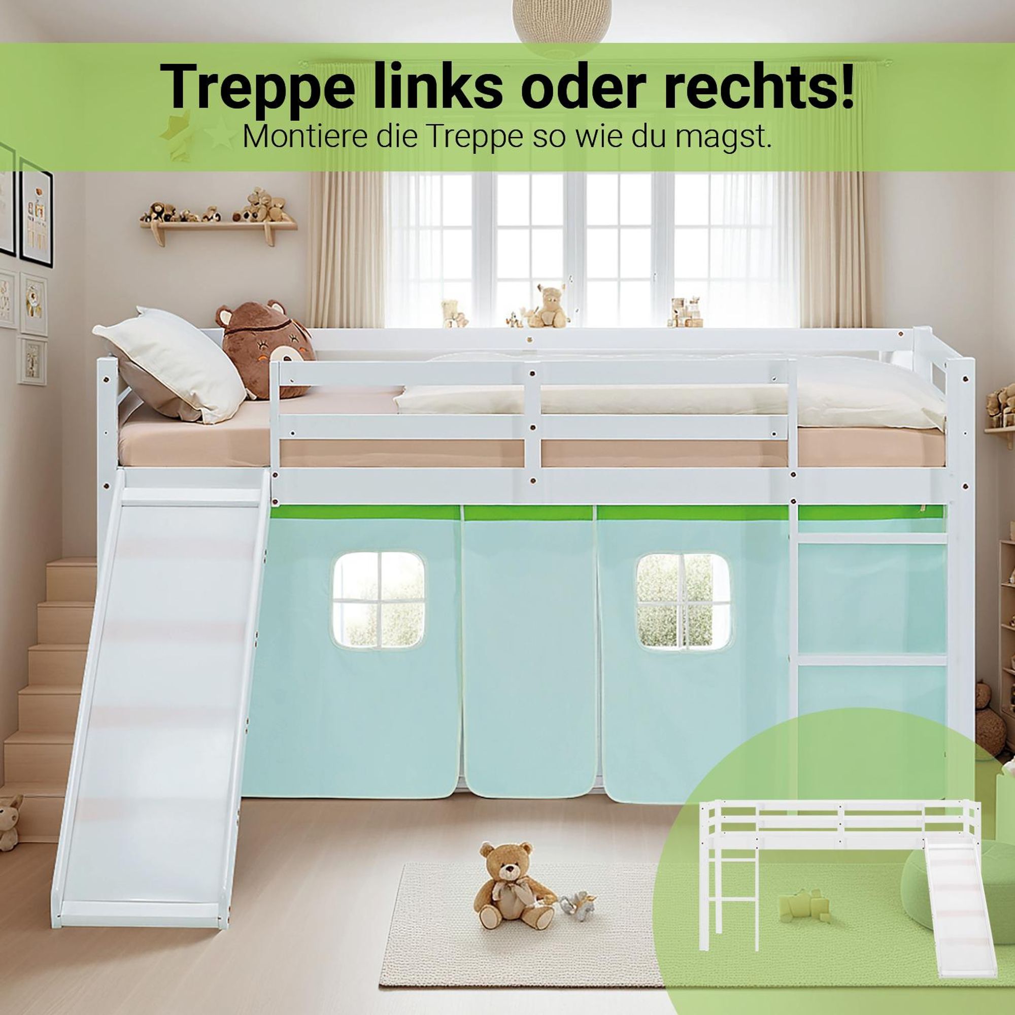Die Rutsche vom Bett ist links oder rechts montierbar.