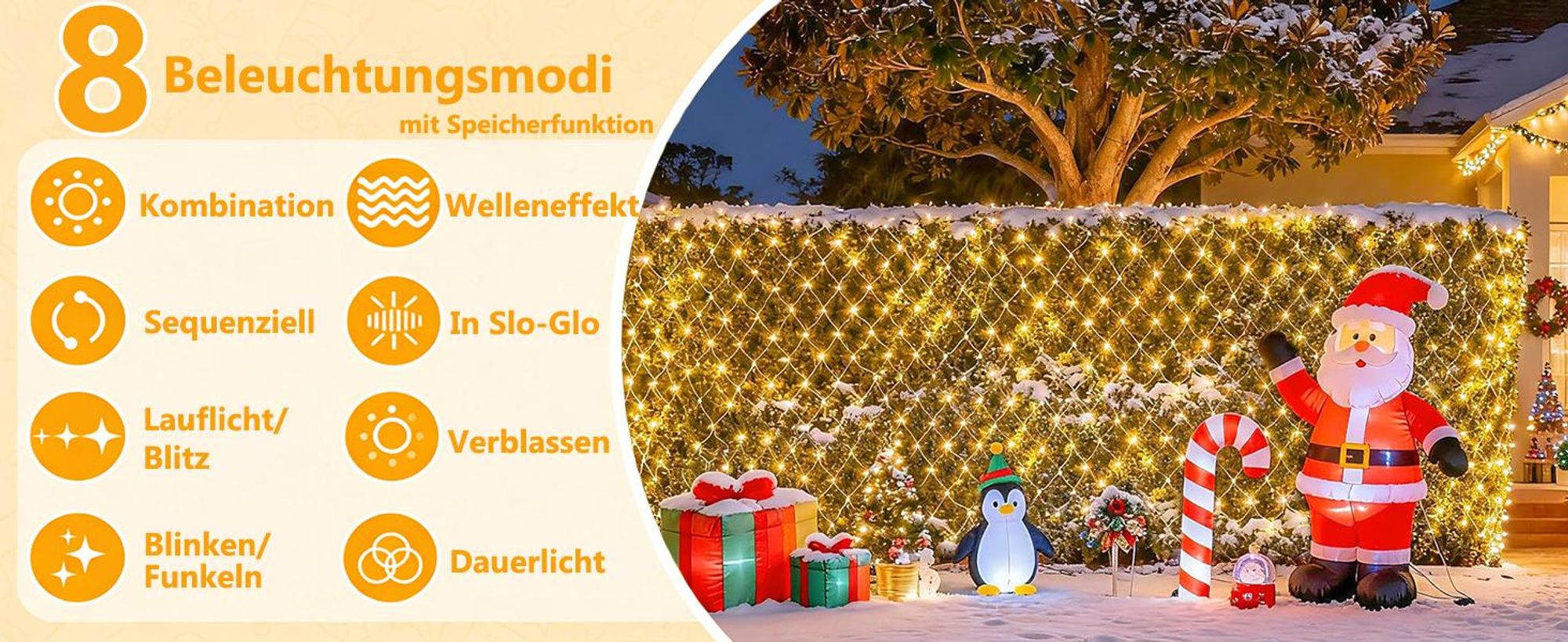 2x3M LED Lichternetz 8 Lichtmodi Wasserdicht Lichterkette mit Timer und Memory Funktion für Weihnachten Garten Hochzeit Deko