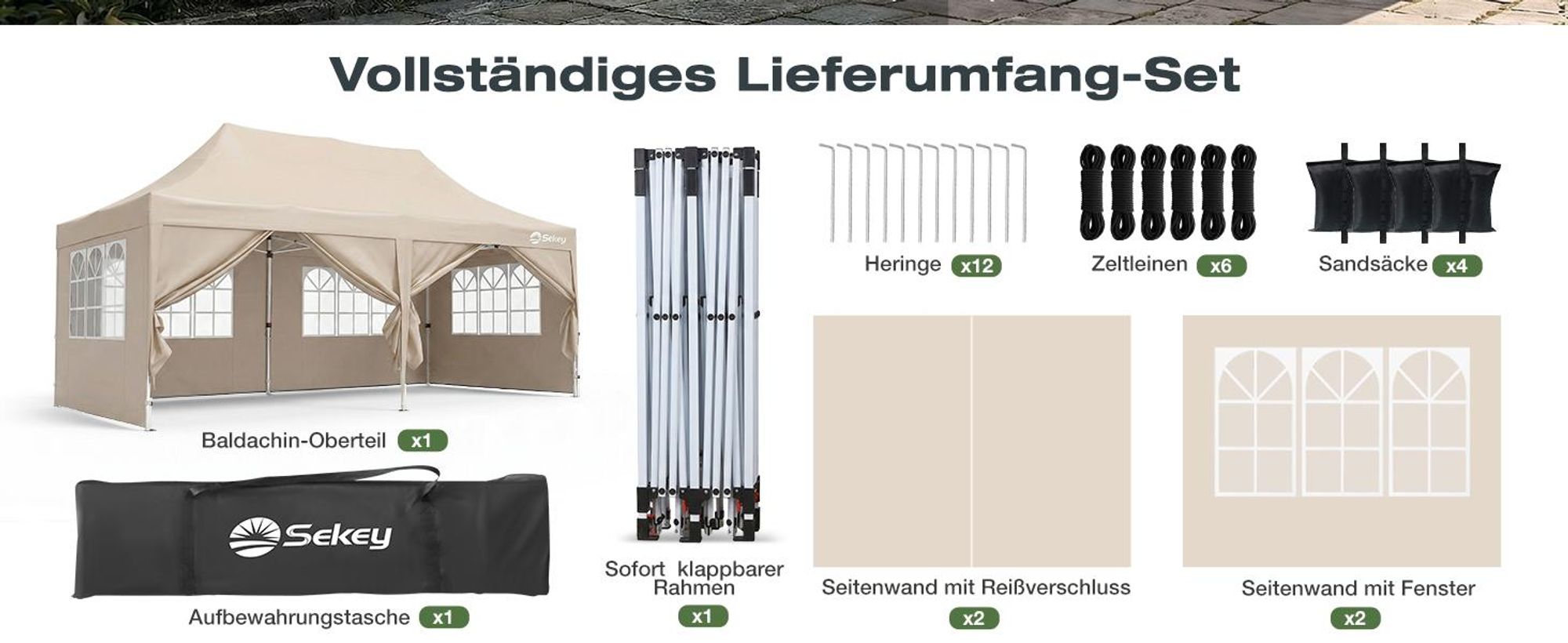 Sekey Faltpavillon 3x6 Wasserdicht mit 6 Seitenwänden, UV50+ Gartenpavillon Partyzelt, Taupe