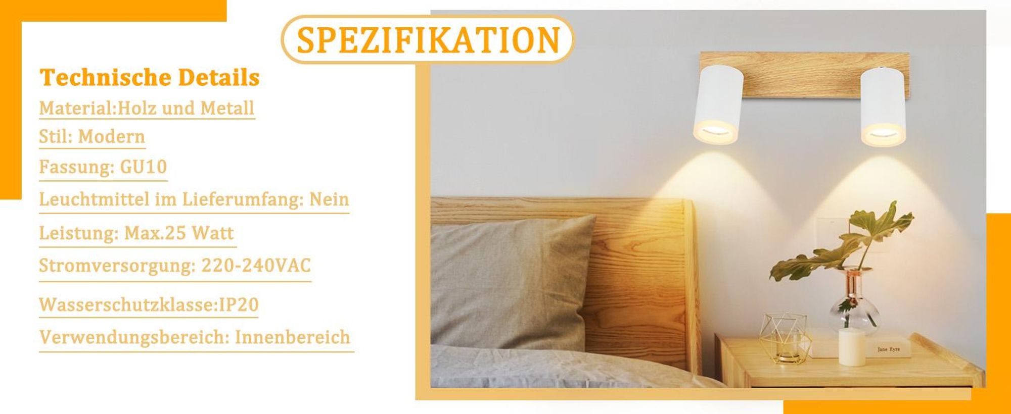 ZMH Deckenstrahler 2 Flammig Weiss Küchenlampe Holz GU10 Wandstrahler 350°Drehbar Vintage Flur Strahler Industrial Retro Ohne Leuchtmittel