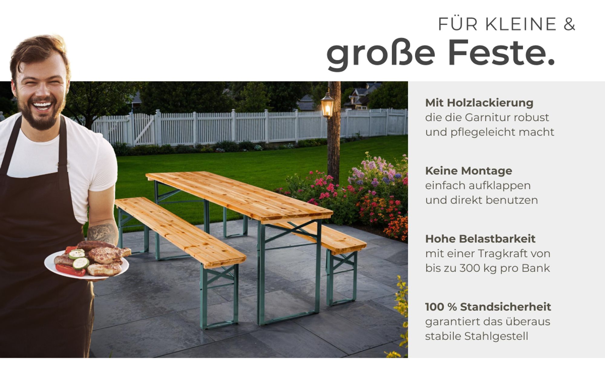 tectake Bierzeltgarnitur 3-teilig Klappbar Tannenholz für 8 Personen