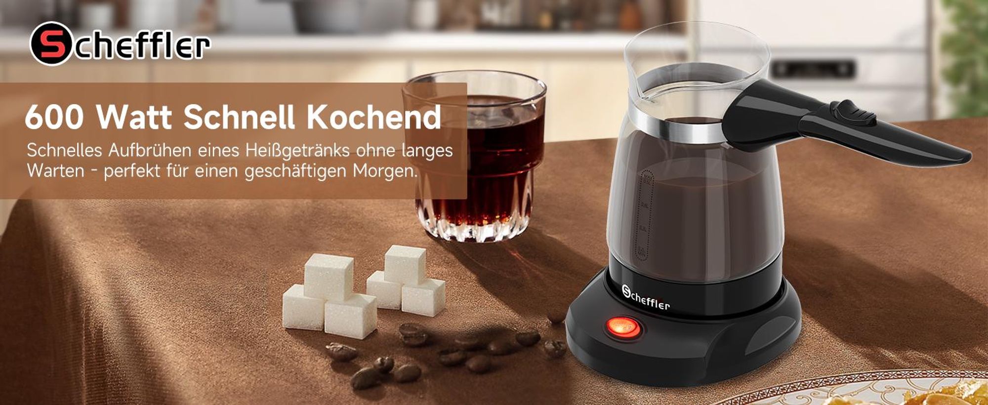 SCHEFFLER Türkische Kaffeemaschine Elektrischer 500ml Glas Kaffeekocher Mokka Kaffeekanne Espressokocher Mit Überhitzungsschutz 304 Edelstahl