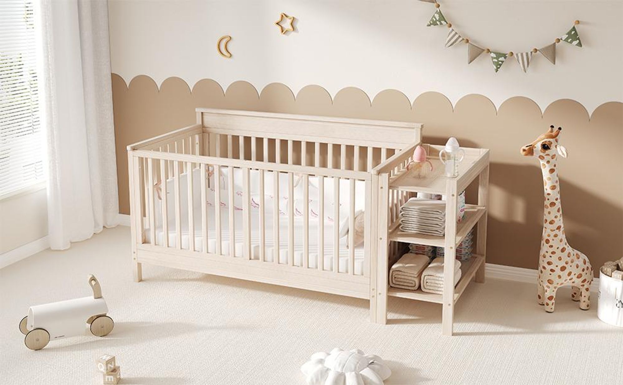 Merax 3-in-1 Babybett 140x70 cm, Massivholz Kinderbett, 3-fach höhenverstellbar, Beistellbett & Sofa-Modus, mit Wickeltisch, Regal, Schutzzaun, Natur