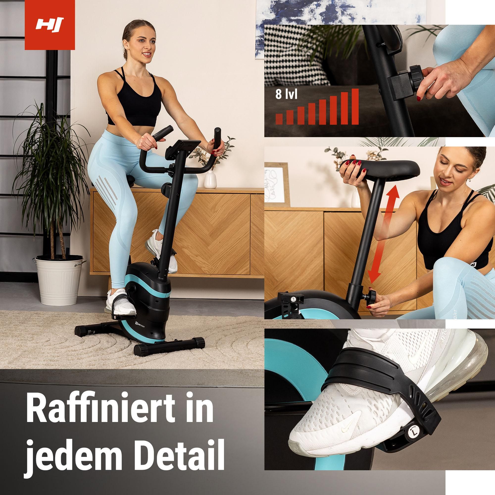 HOP SPORT® HS-015H Heimtrainer Fahrrad für Zuhause mit magnetischem Widerstandssystem, Pulsmessung, 8 Stufen - Hometrainer, Fitnessbike 120 kg, Türkis