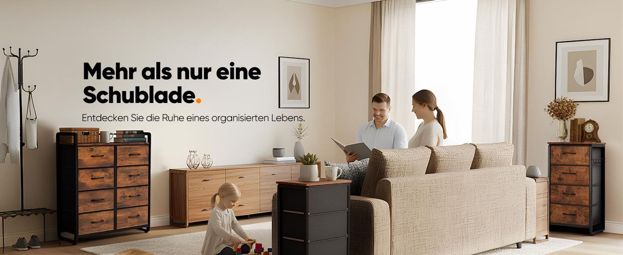 HOKEEPER Kommode, Schrank mit 4 Stoffschubladen,Sideboard, Chest of Drawers für Schränke, Komodenschrank mit Holzplatte und Metallrahmen