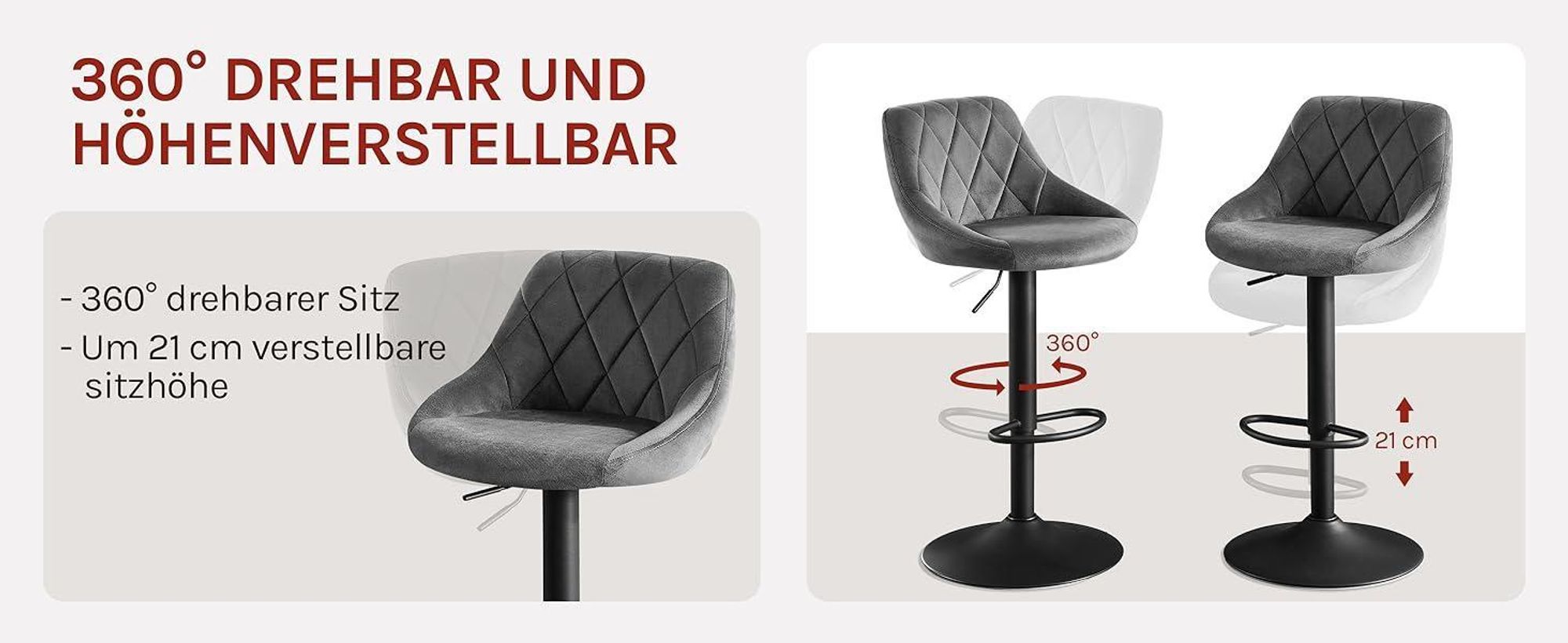 WOLTU Barhocker Barstuhl, Gute gepolsterte Sitzfläche aus Samt, Höhenverstellbar, 360° Drehbar, Dunkelgrau