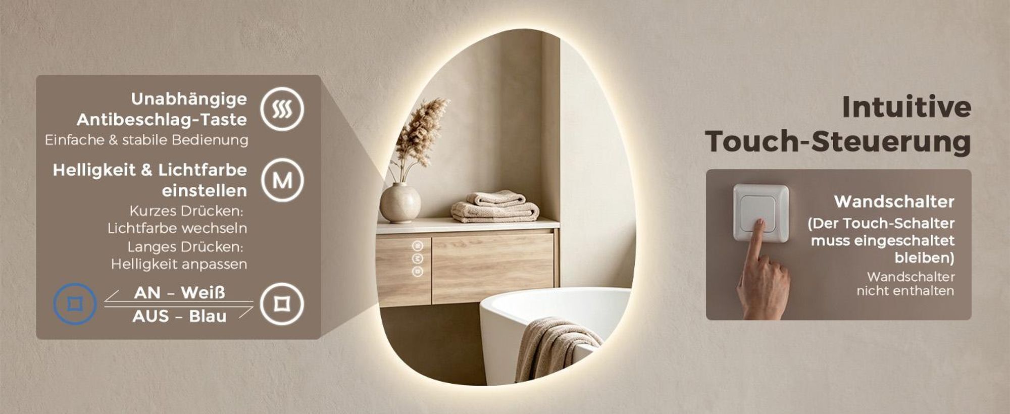 S'AFIELINA Badspiegel mit Beleuchtung 85×50 cm LED Touch Schalter Wandspiegel 3 Lichtfarben und Dimmbar, Anti-Beschlag- und Memory-Funktion