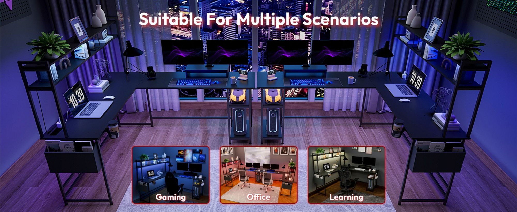 SANODESK Computertisch Gaming Tisch L-Form Schreibtisch Jugendschreibtische mit LED-Beleuchtung, 2 Steckdosen & 2 USB-Anschlüsse, Haken (Schwarz)