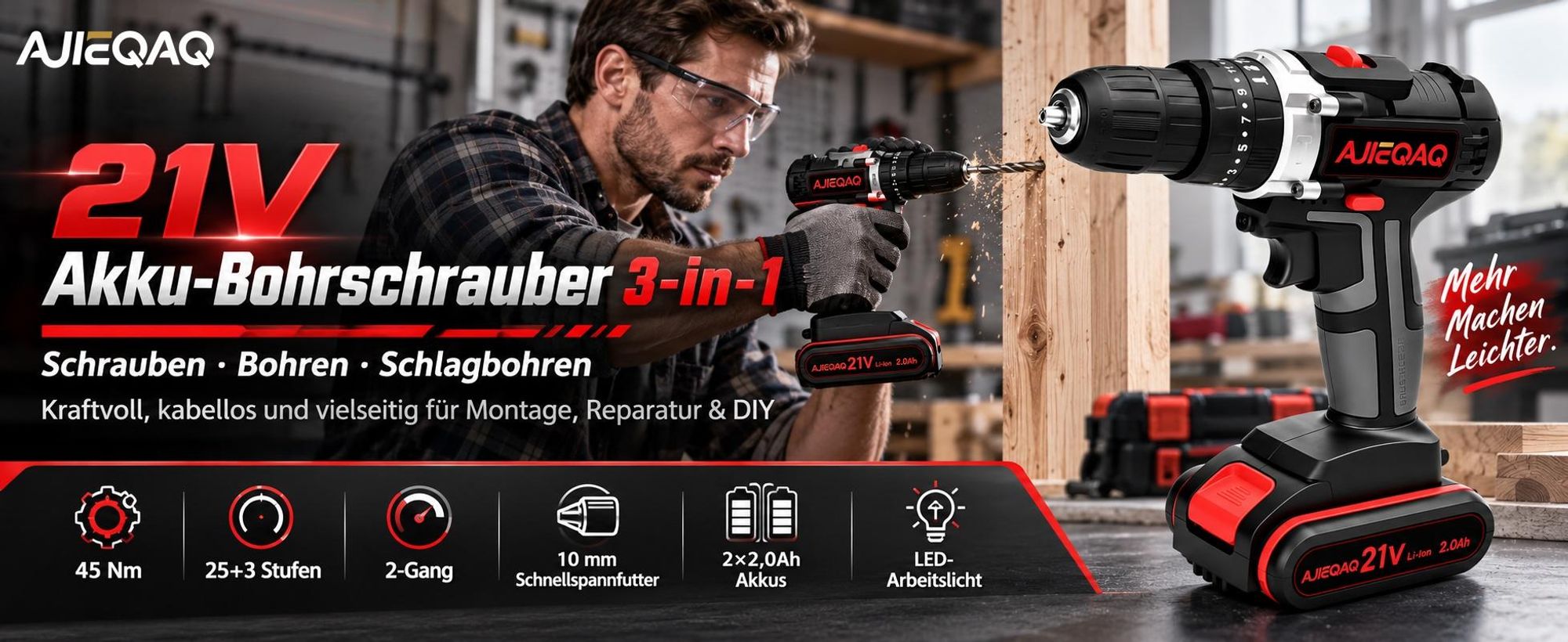 Akkuschrauber 21V Set, 3-in-1 Akku-Schlagbohrschrauber mit 2×2.0Ah Akkus, 45Nm, LED Arbeitslicht, Zubehör & Koffer