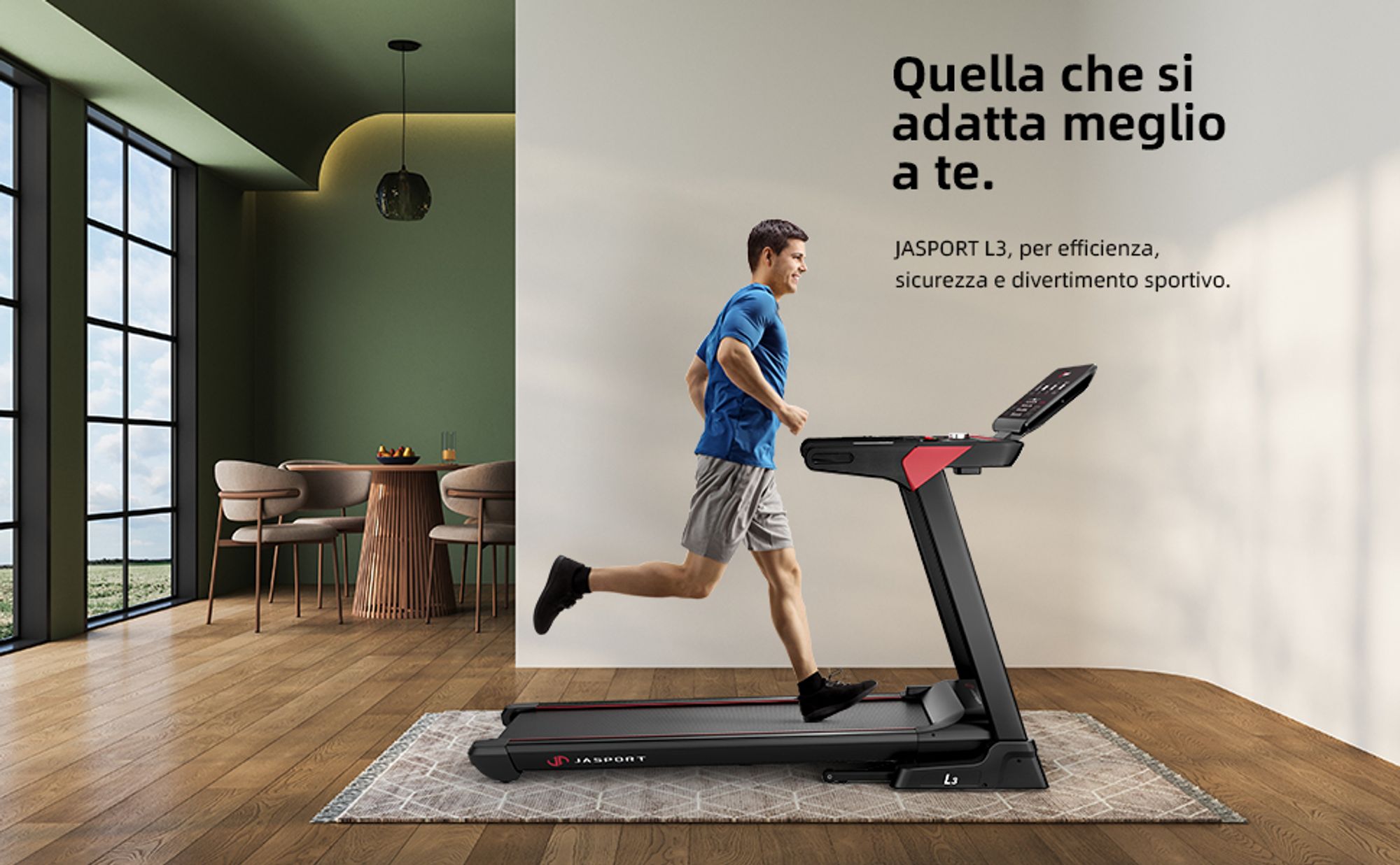 JASPORT L3 tapis de course: pliable, silencieux, Bluetooth, 4CV, jusqu’à 20km/h, inclinaison 18%, surface 1340x480mm, 120kg