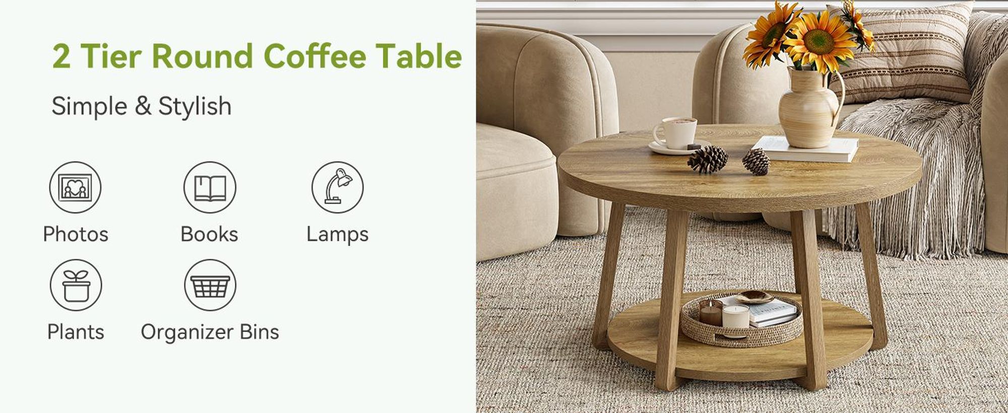 Tribesigns Runder Couchtisch, 2-stufiger Mitteltisch mit Stauraum, Holzbeine, 80 cm x 50 cm, einfache Montage, für Wohnzimmer, Schlafzimmer