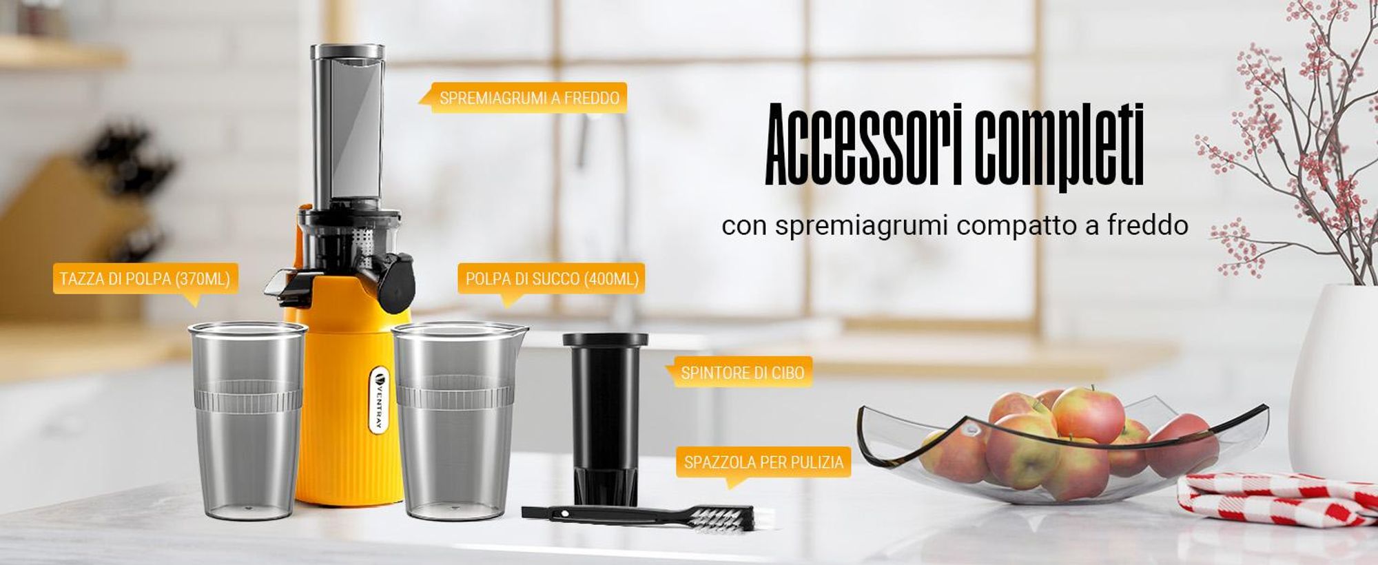 Ventray Essential Ginnie - Spremiagrumi a freddo, spremiagrumi lento compatto e silenzioso (60 giri al minuto, apertura di alimentazione di 45 mm), senza BPA, 400 ml, facile da pulire