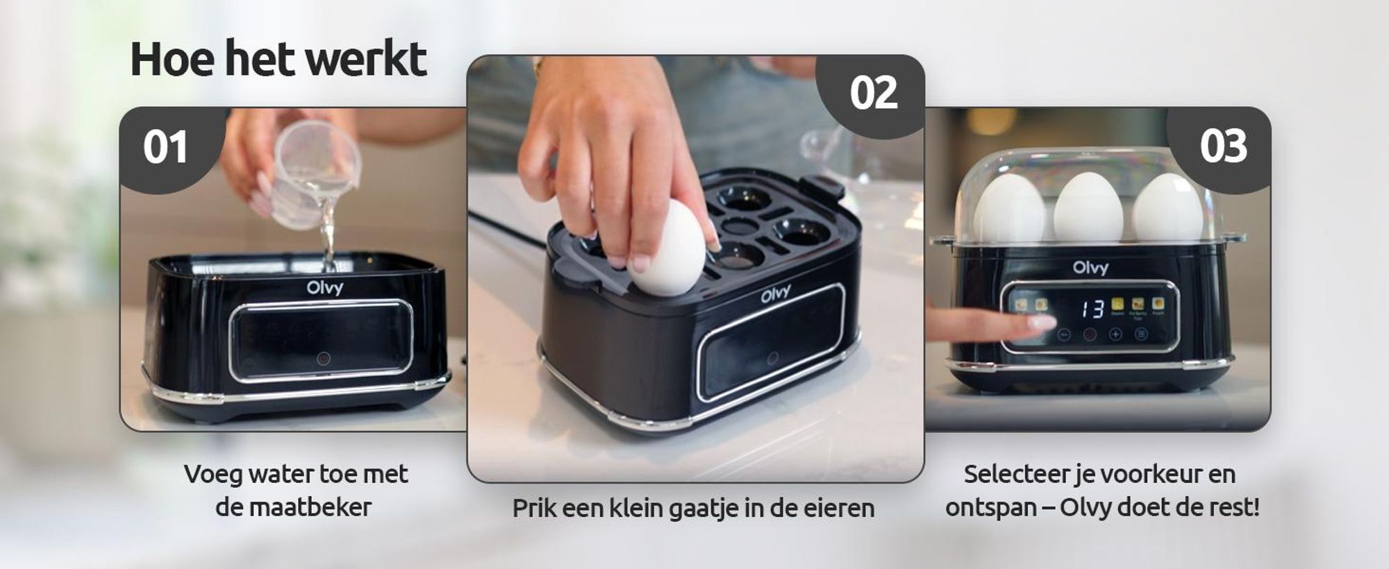 Olvy eierkoker voor 1-6 eieren met omelet- en gepocheerdei-functie – LCD-timer, automatische uitschakeling, BPA-vrij, gemakkelijk te reinigen, elektrisch en compact
