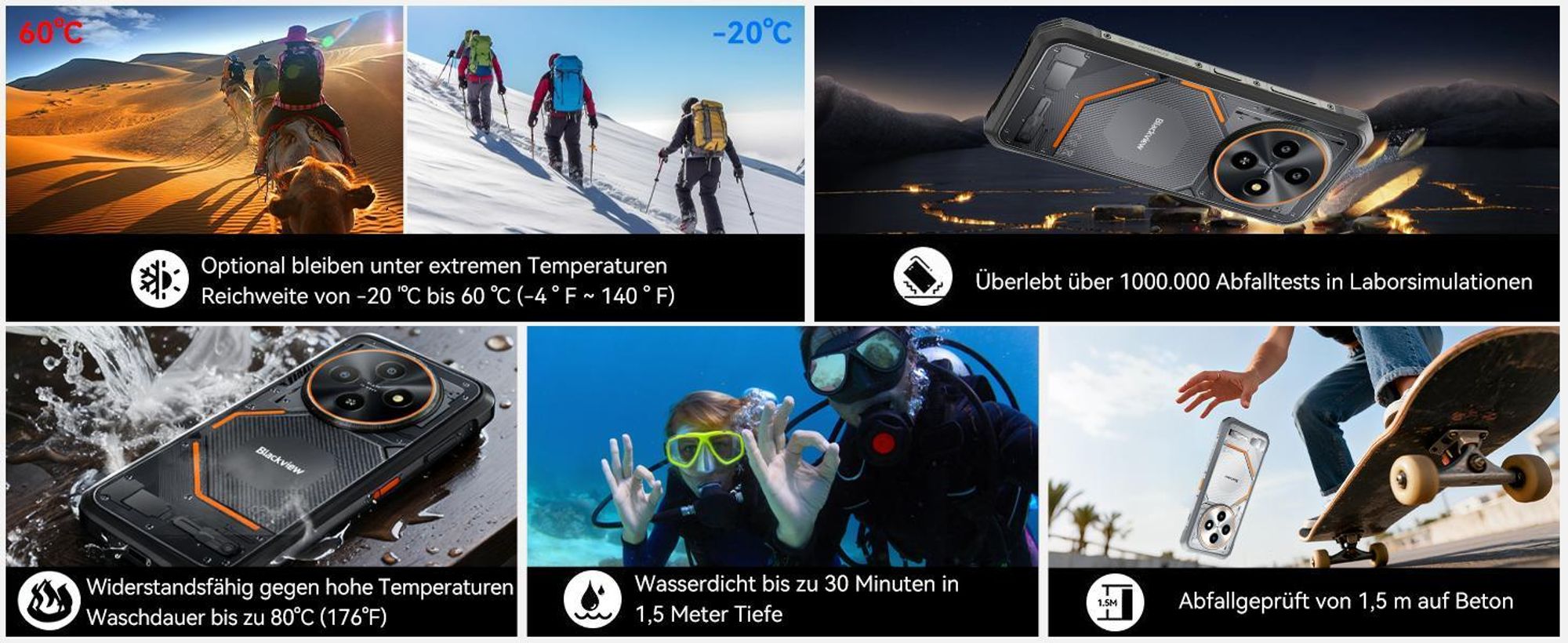 Blackview FORT 2 Outdoor Handy,6.56", 24 GB+128 GB/2TB, Ultra-Dünn 10.7 mm,Android 15, IP68/IP69K,5000 mAh,90Hz,4G Dual/NFC/OTG/GPS/245g,16MP+13MP