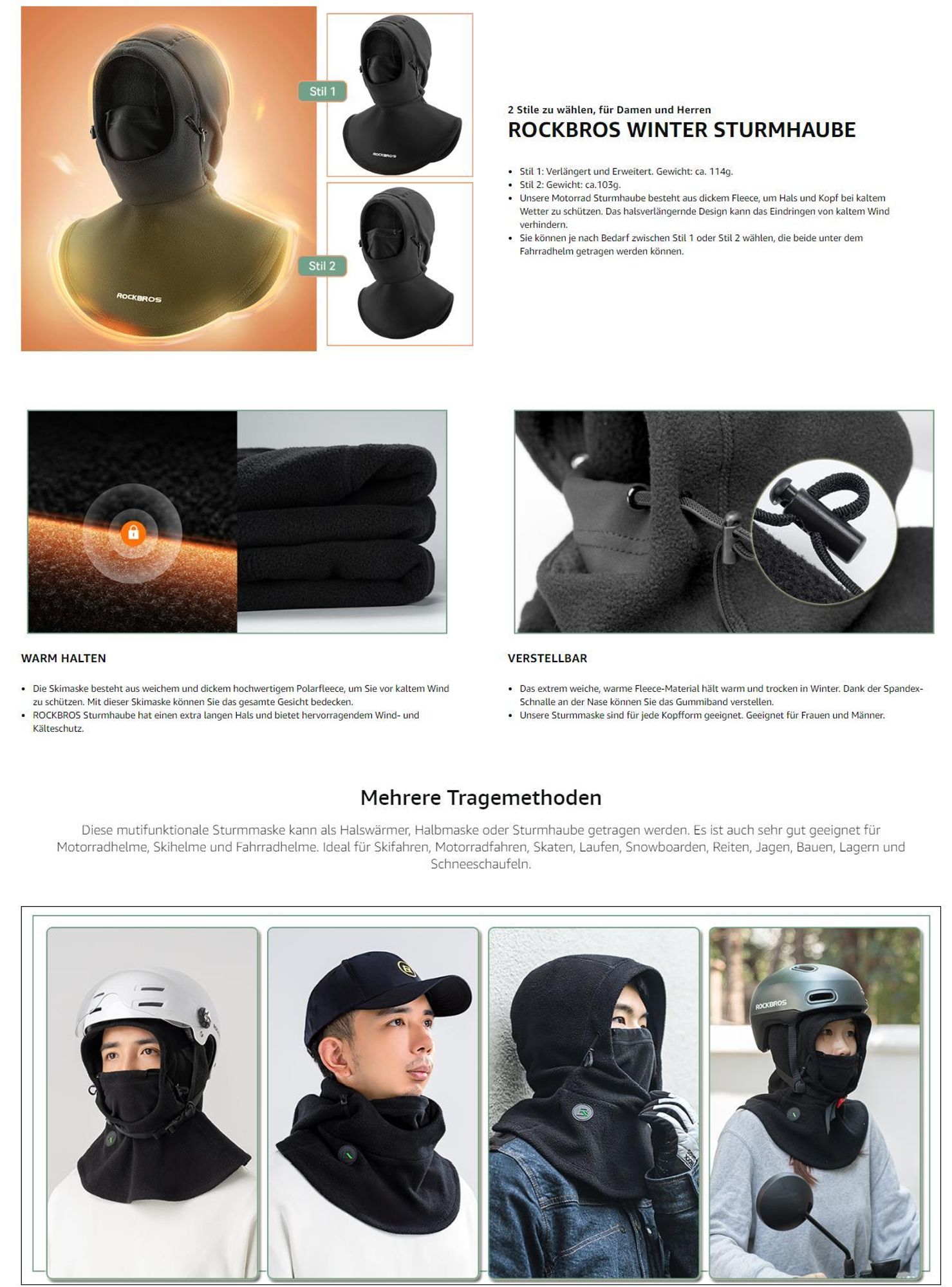 ROCKBROS Sturmhaube Winter Fleece Mütze Balaclava Halswärmer Radsport Damen Herren Herbst