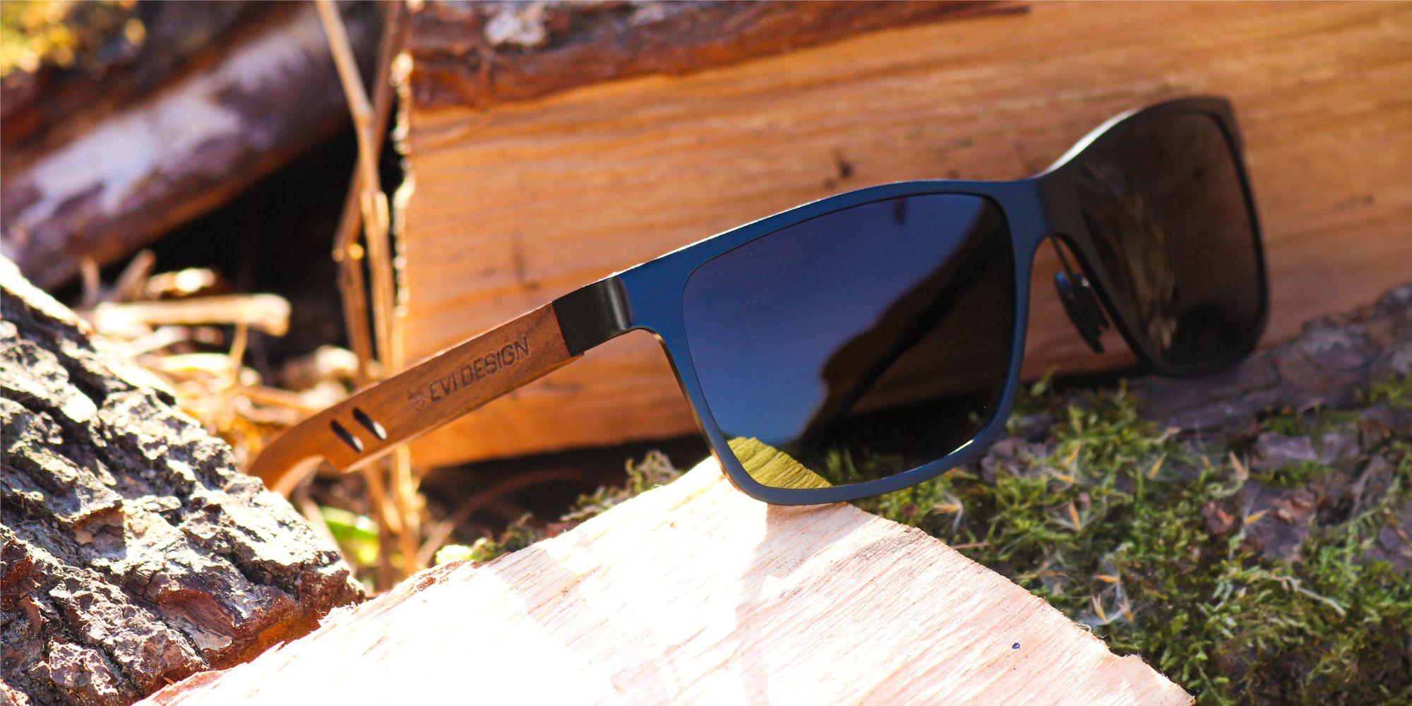 Sonnenbrille Herren Polarisiert UV400, Holz Sonnenbrille Nerd-Stil mit Walnussholz-Bügeln, inkl. Etui & Zubehör, EVI DESIGN, Schwarz