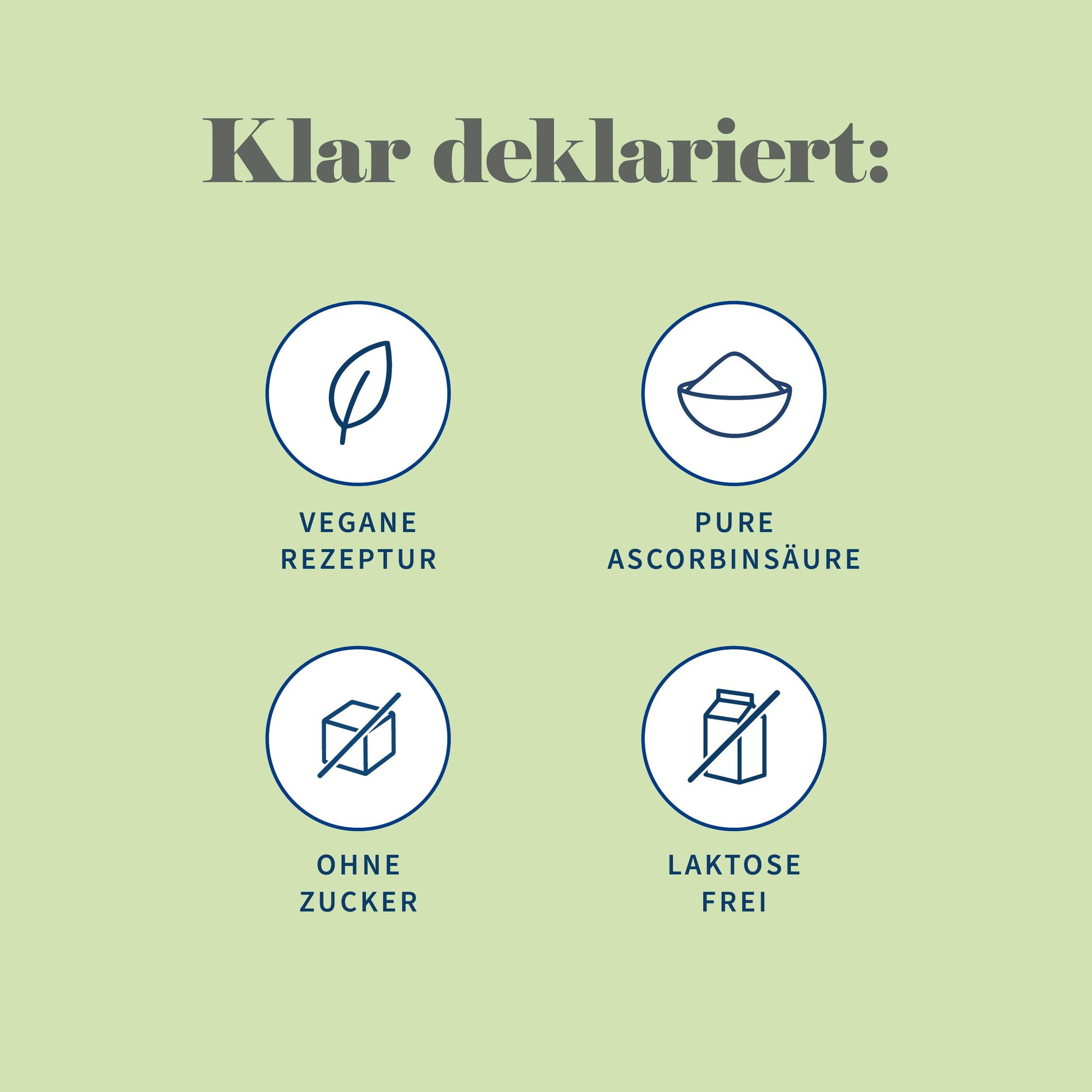 Vier Icons: vegane Rezeptur, pure Ascorbinsäure, ohne Zucker, <b>laktosefrei</b>
