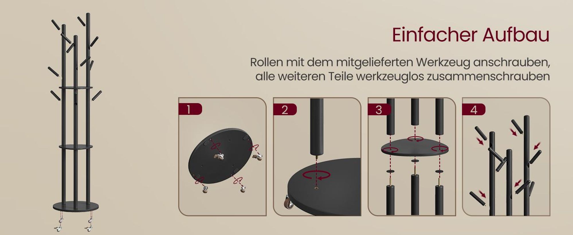 Garderobenständer, Kleiderständer mit 11 Haken und 3 Ablagen, 4 drehbare und abnehmbare Rollen, tintenschwarz