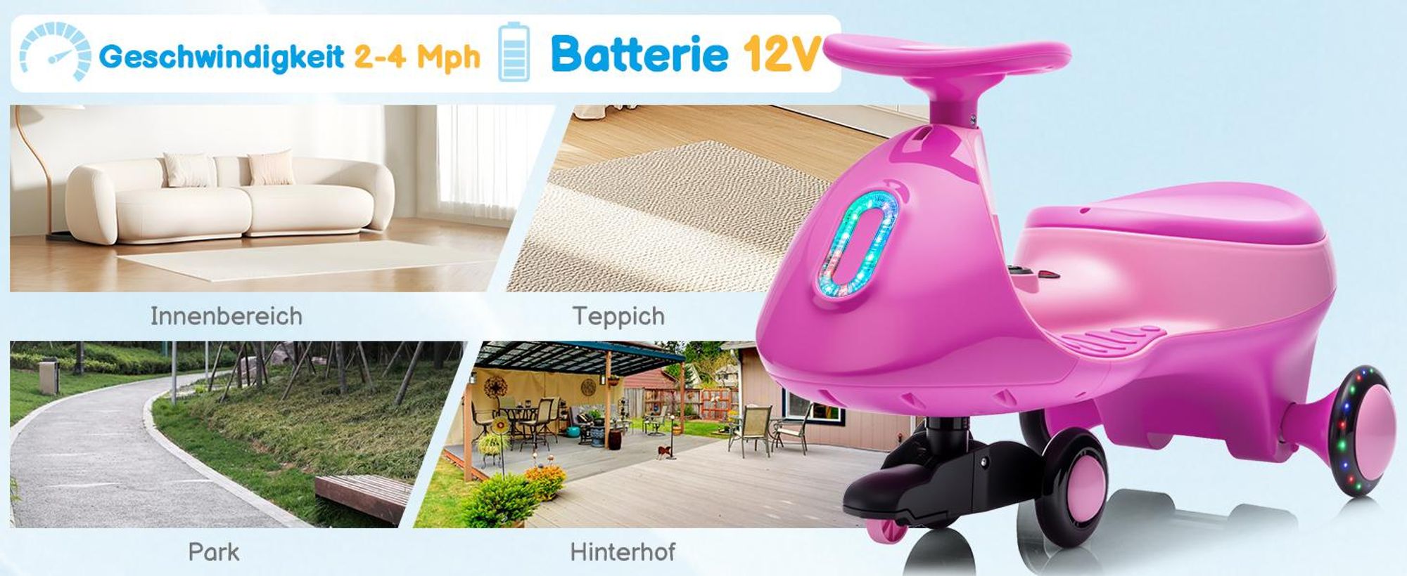 Kinder-Elektroauto 12V, Elektrisches Rutschauto mit Pedal, 2 Geschwindigkeiten und Kippschutz, Bluetooth, für Kinder ab 3 Jahren,Fuchsia & Rosa