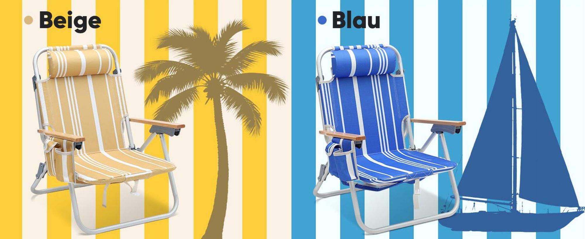 Sekey Strandstuhl Sonnenliege verstellbar Campingstuhl tragbarer Klappstuhl Strandstuhl mit 2 Kühltaschen, Blau