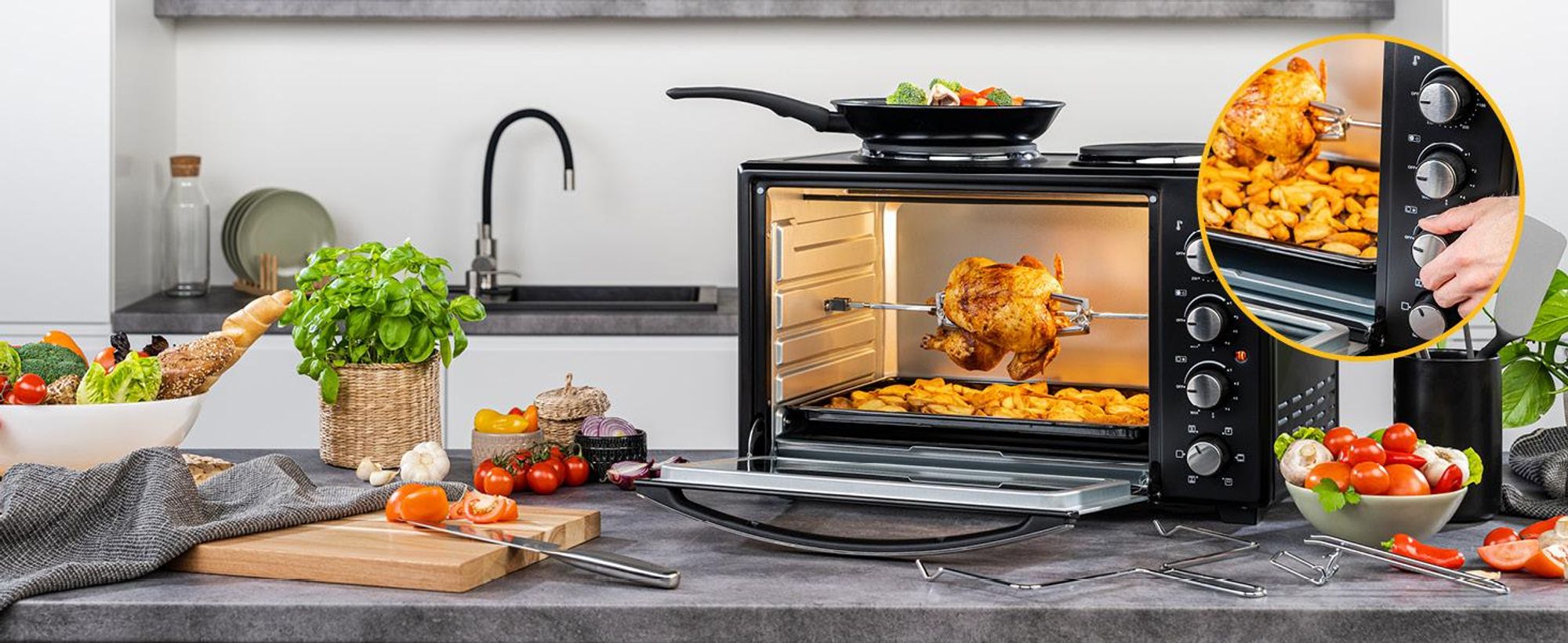 TZS First Austria - Mini Backofen mit Kochplatten 45L 3200W - Premium-X Coating - Temperaturregelung bis 230°C - 3 Einschubhöhen