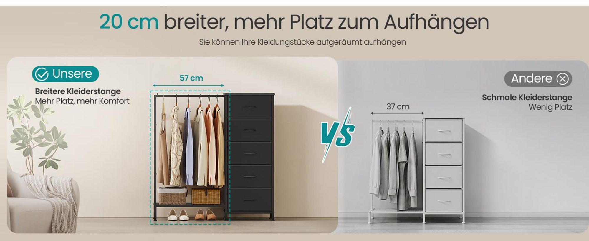 SONGMICS 3-in-1 Garderobenständer mit 5 Schubladen und Kleiderstange, 96,2 x 30 x 117,7 cm, Schwarz