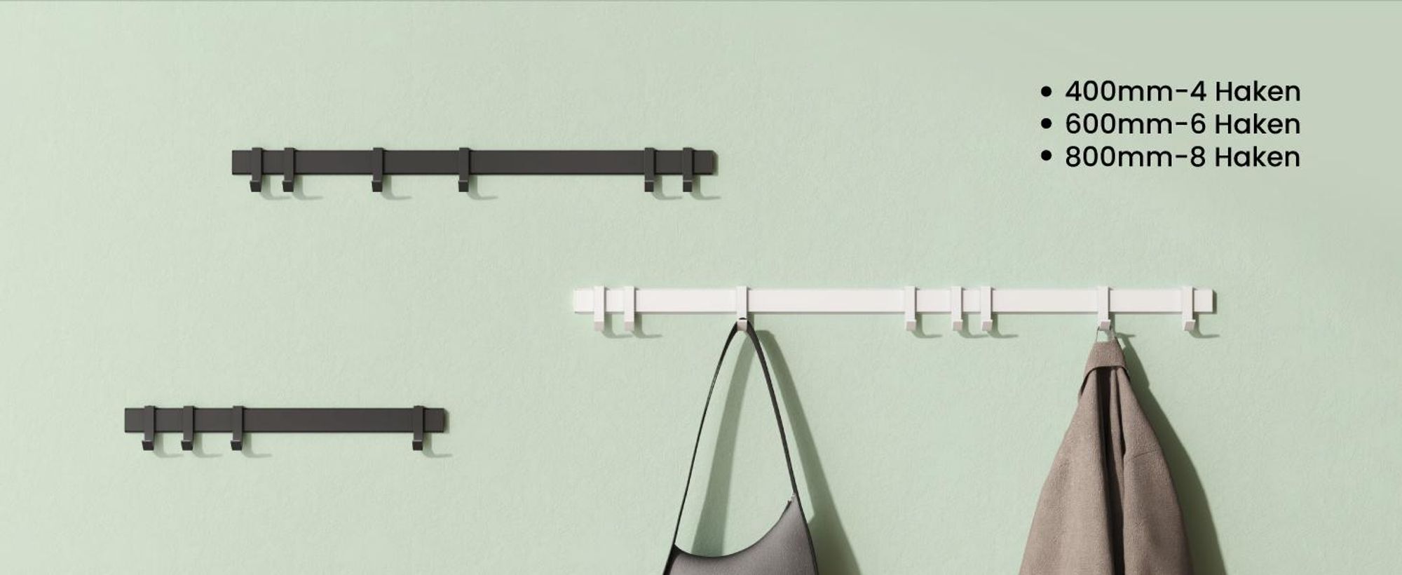 Mai & Mai Kleiderhaken Wandgarderobe Wandhaken aus Aluminium mit 6 Verschiebbare Garderobenleiste Garderobenhaken 60cm Matt weiß Stalo-12