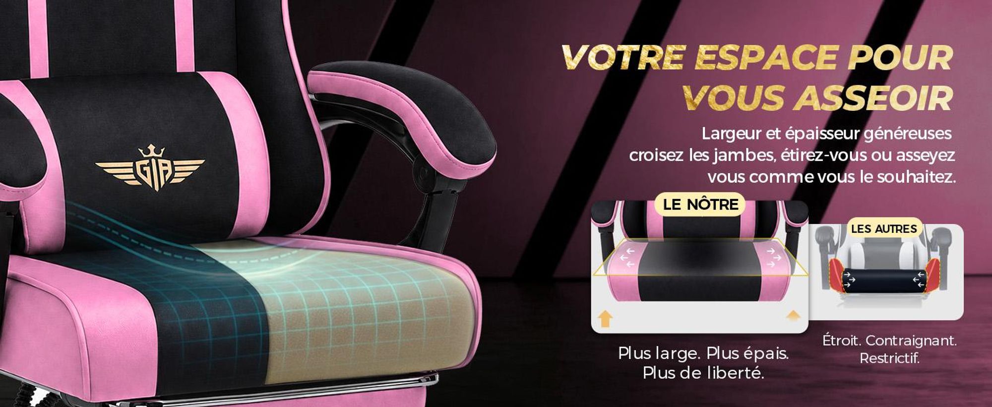 Chaise de gaming GTPLAYER, ergonomique, avec revêtement en tissu, coussin de siège à ressort, accoudoirs réglables et repose-pieds, capacité de poids de 150 kg