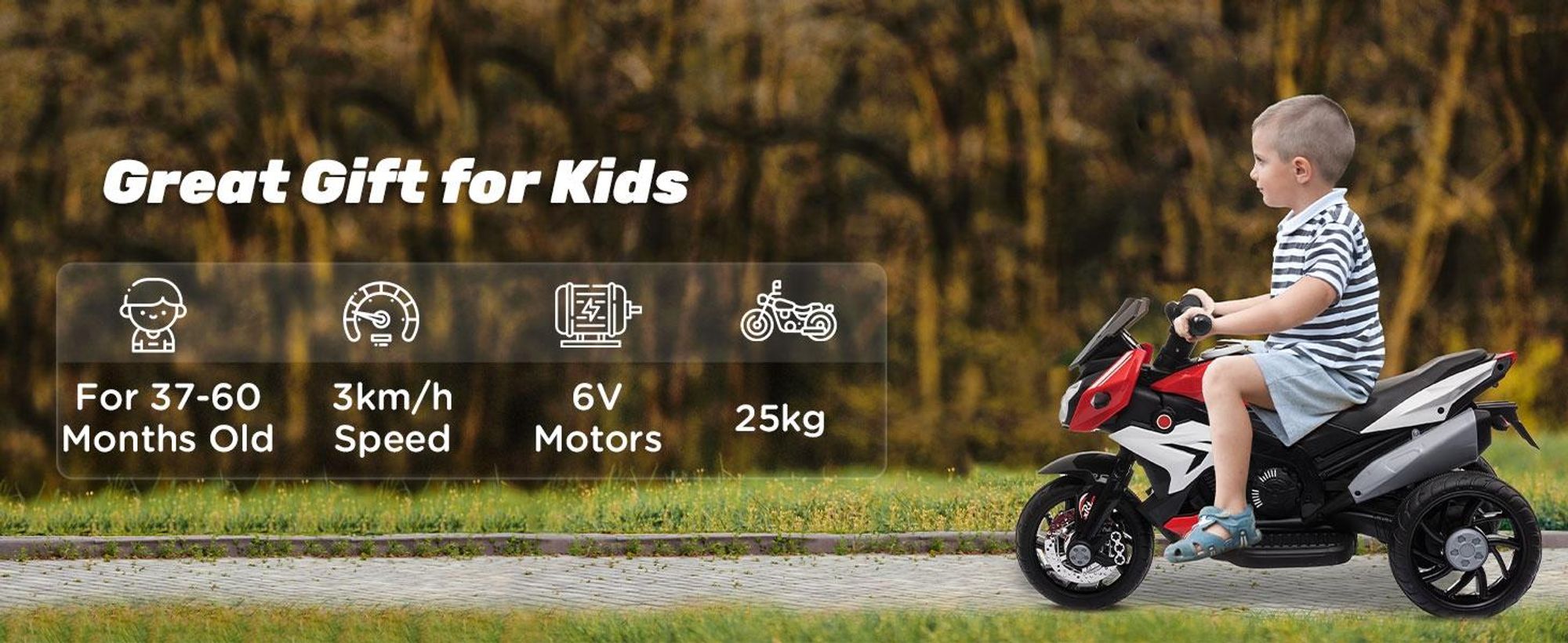 HOMCOM Elektryczny motocykl dziecięcy z muzyką i światłami, 3 km/h, dla dzieci w wieku 3-5 lat, maks. 25 kg, czerwono-czarny